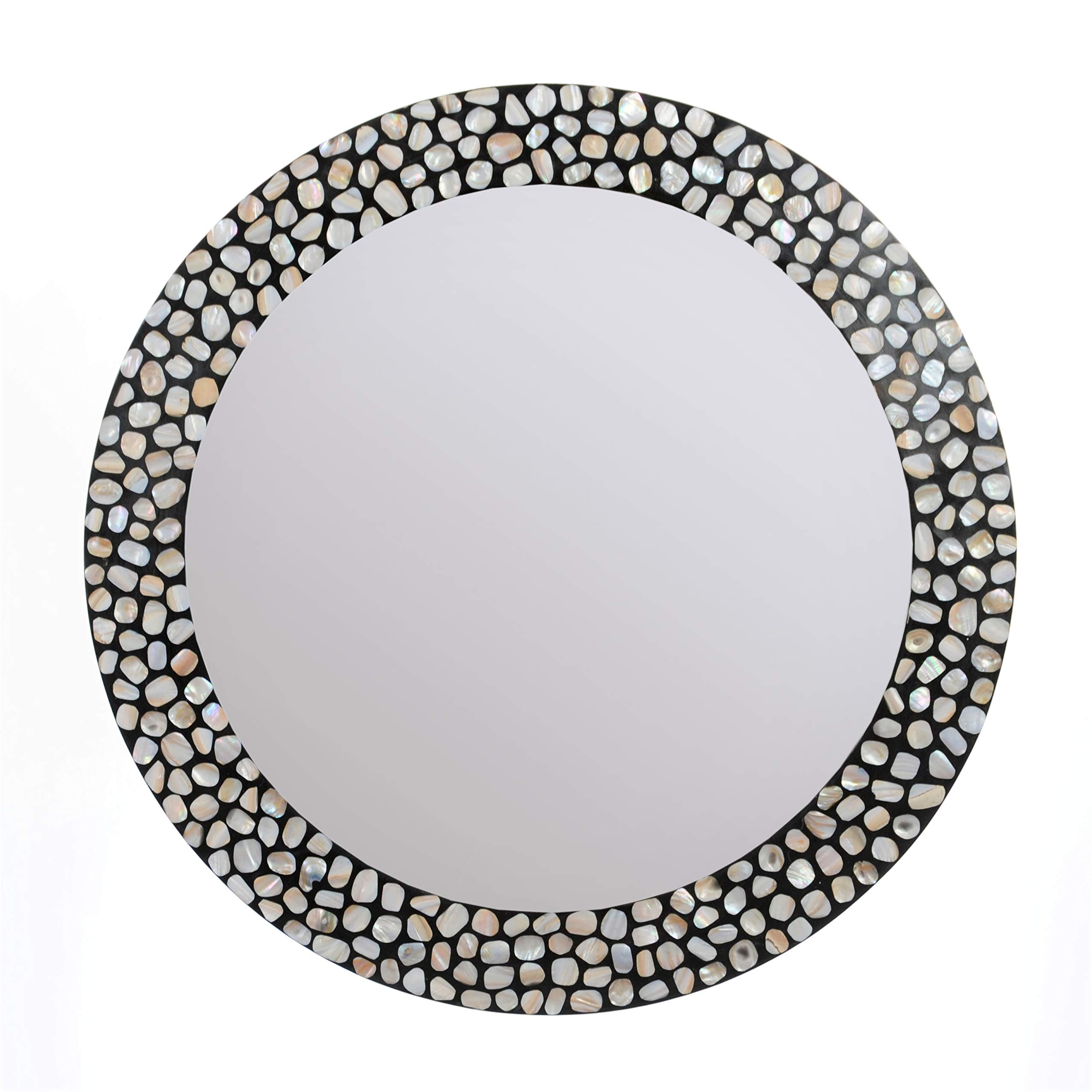 Harrow Decor Black & Off White Big Mother Of Pearl Inlay Work Mirror Wm-055, Dia 24''
