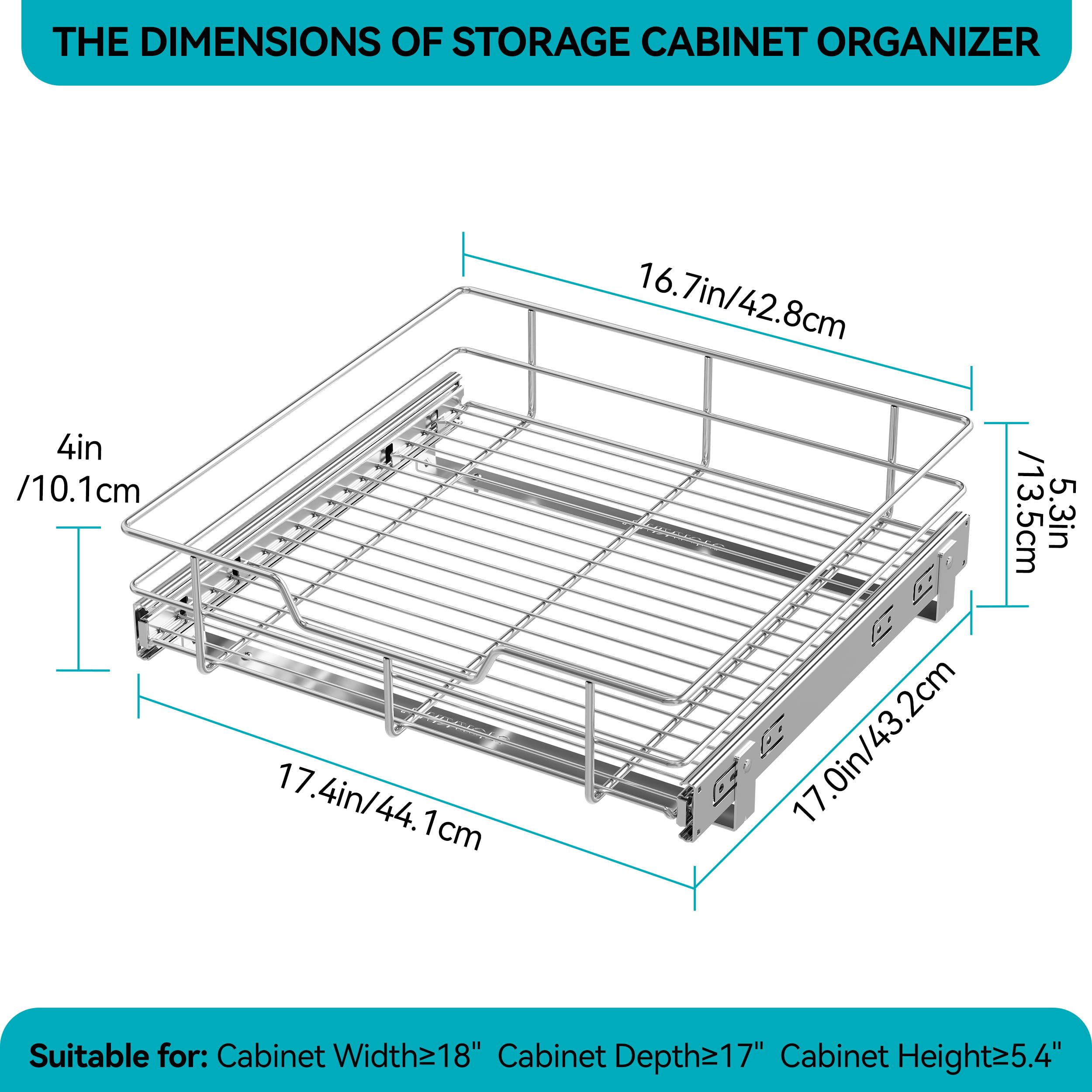 Ausziehbarer Schrank-Organizer, 43,2 x 43,2 cm (B x T), ausziehbare Schubladen für Küchen-Organizer und Aufbewahrung, ausziehbare Schubladen für Schränke, robust, Schrankregale, verchromt,