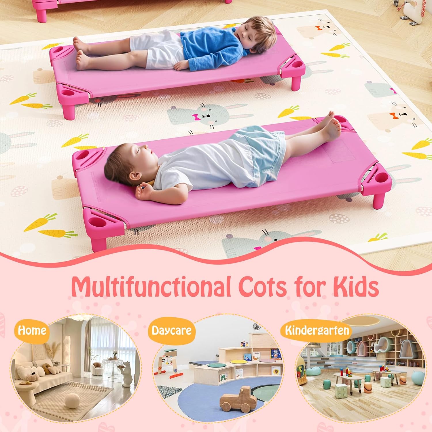 Stackable Daycare Cots for Kids, 51" L x 22.5" W Portable Nap Cots for Toddlers with Easy Lift Corners, Ready-to-Assemble, Preschool Cots for Classroom, Nursery, Daycare, Pack of 6 (Pink)
