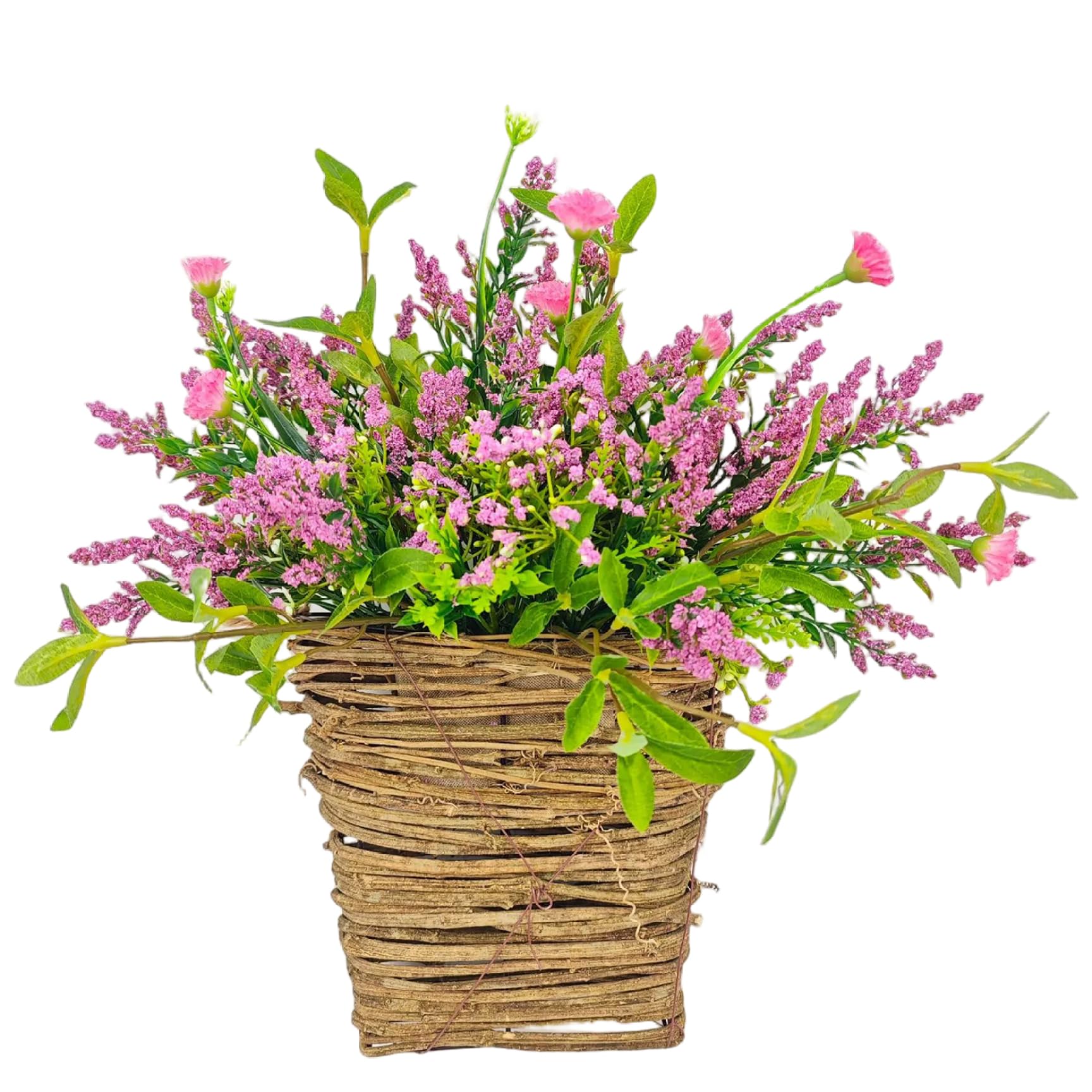 Pineeseatile Front Door Wreath Spring Berry Wildflower Door Basket Rattan Hanging for Porch Home Decor Seasonal Welcome Sign