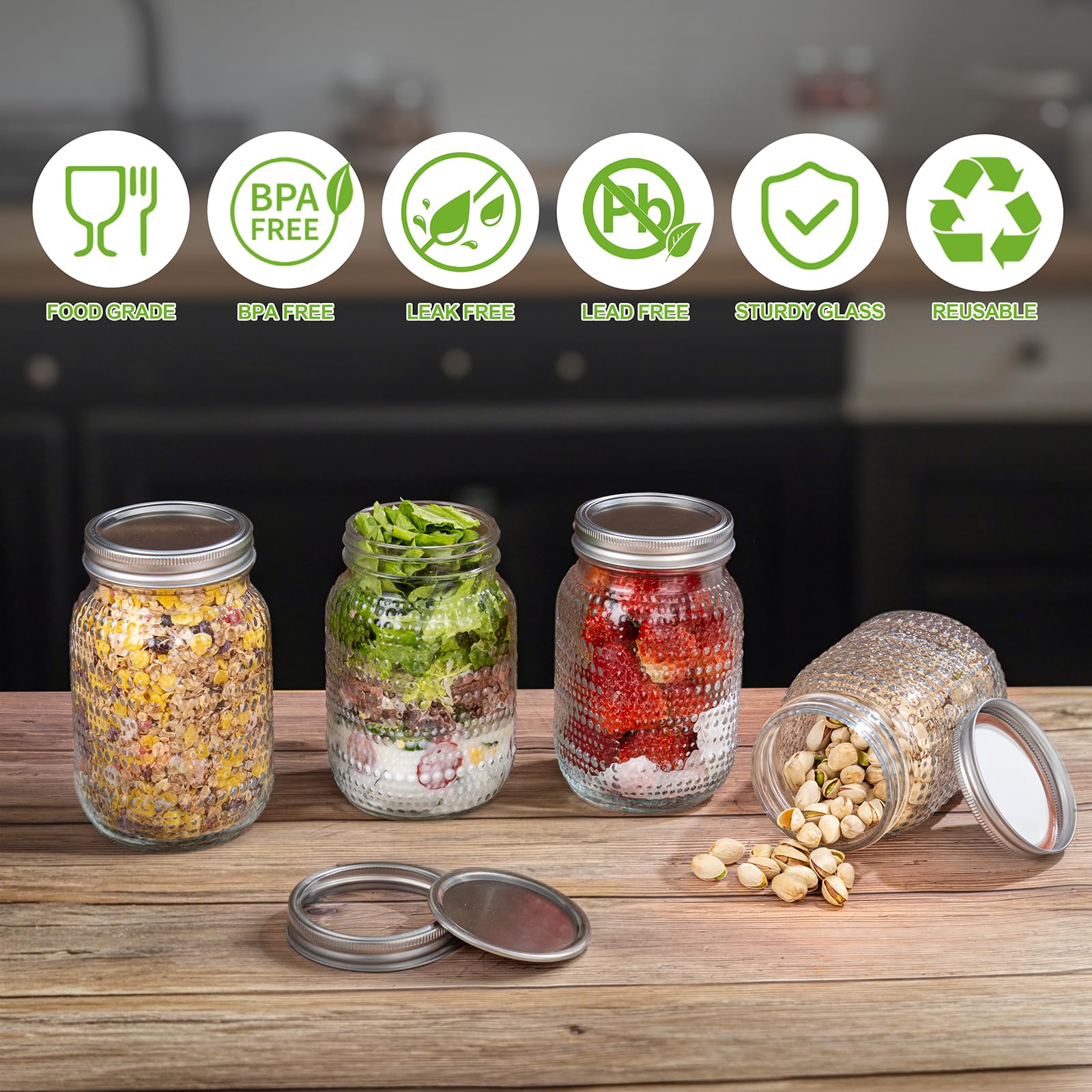 MirthMood - Tarros Mason de boca ancha de 32 onzas, paquete de 4 tarros de vidrio con tapas herméticas, tarros de cuarto de galón de boca ancha para conservar, preparación de comidas, avena nocturna