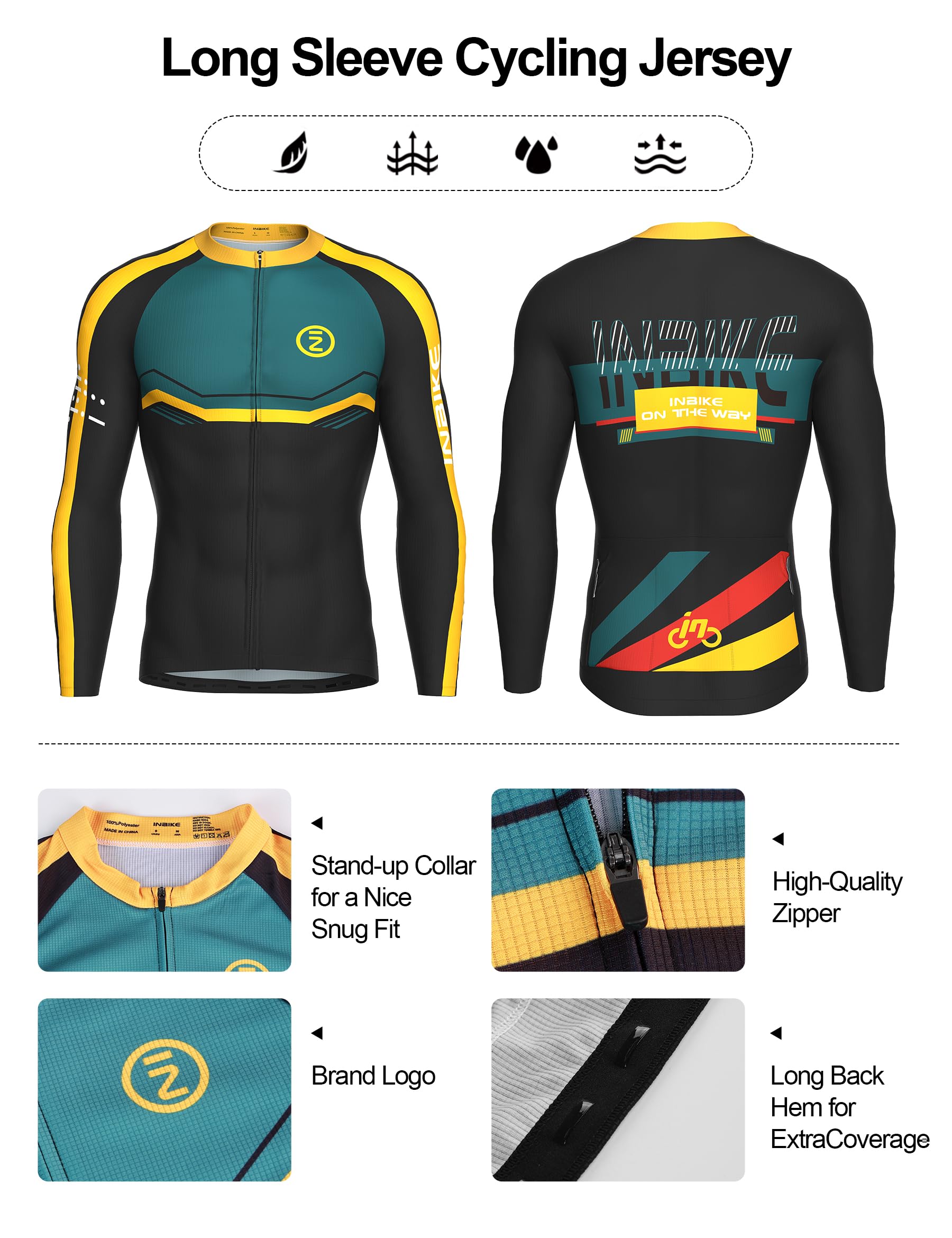 INBIKE Fahrradtrikot Set Herren Langarm Schwarz mit Gelb Muster Trägerhose mit Sitzpolster Winter Radsport-bekleidung Anzug für Rennrad Moutainbike Fahrrad