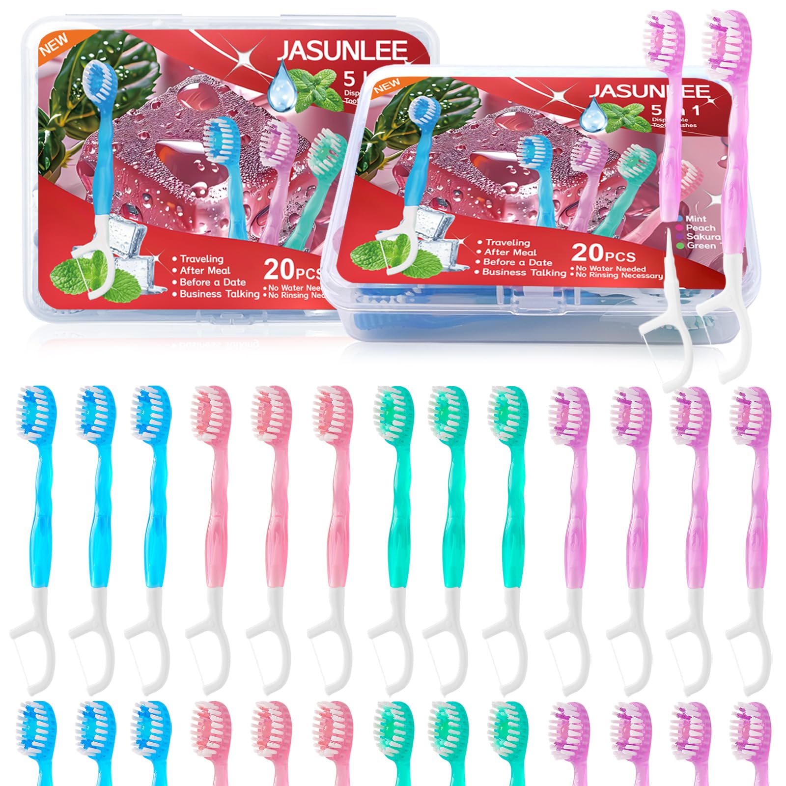 JASUNLEE 40Pack Mini Disposable Toothbrushes 5-in-1 PrePasted Travel Toothbrush with Toothpaste Flosser Pick Tongue Scraper, Individually Wrapped Box, Carry On Essentials for Airplane Camping