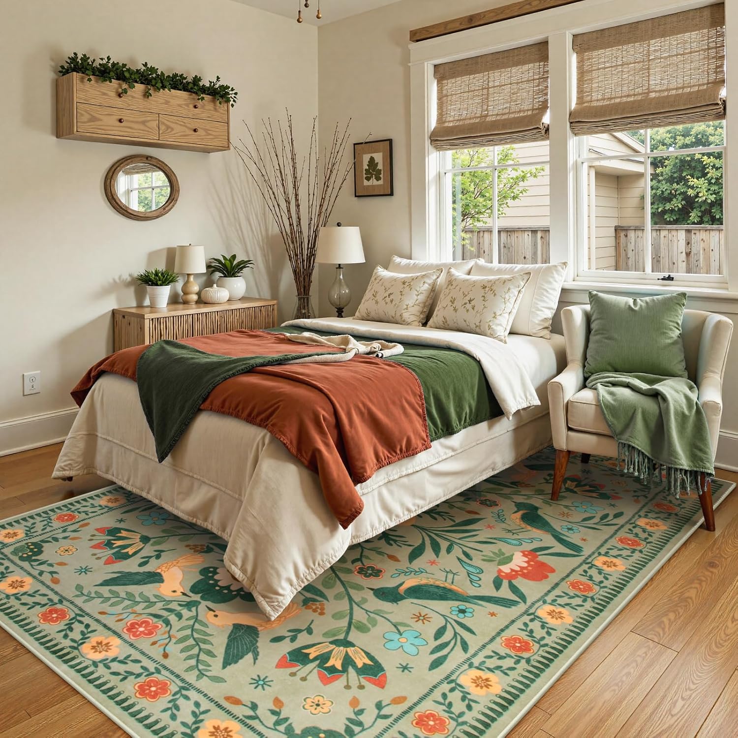 Moynesa Living Room Rug 5x7, Washable Modern Farmhouse Green Area Rugs for Bedroom Dining Room, Country Floral Bird Print Pattern Carpet, Aesthetic Home Decorations Open Floor Areas Protection - Image 8