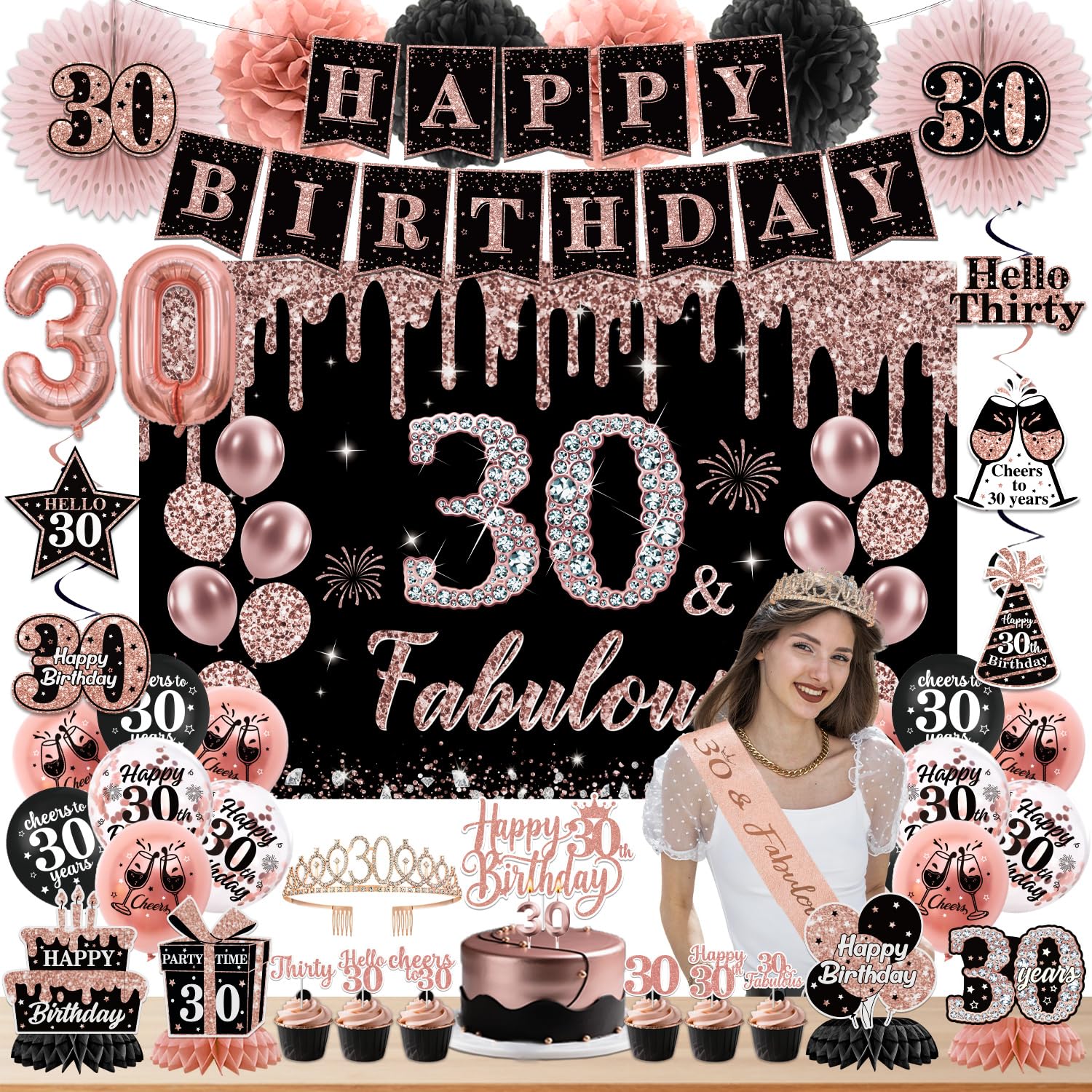 Photo 1 of 30th Birthday Decorations for Women,62Pcs Rose Gold Black Happy 30th Birthday Banner, Balloons,Crown,Sash,Hanging Swirls,Cake Topper,Backdrop,Paper Fans,for 30 Years Old Birthday Supplies Decor Kit