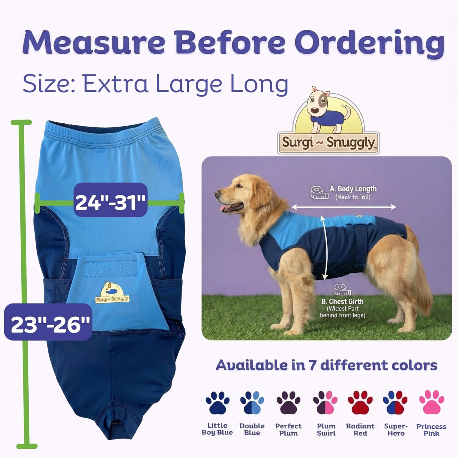 Surgi Snuggly Dog Surgery Recovery Suit – Dog Onesie for Post Surgery Recovery, Female Spay & Male Neuter – Surgical Suit for Dogs, E-Collar Cone Alternative, Double Blue - XL Long - 23" - 26" (EC)