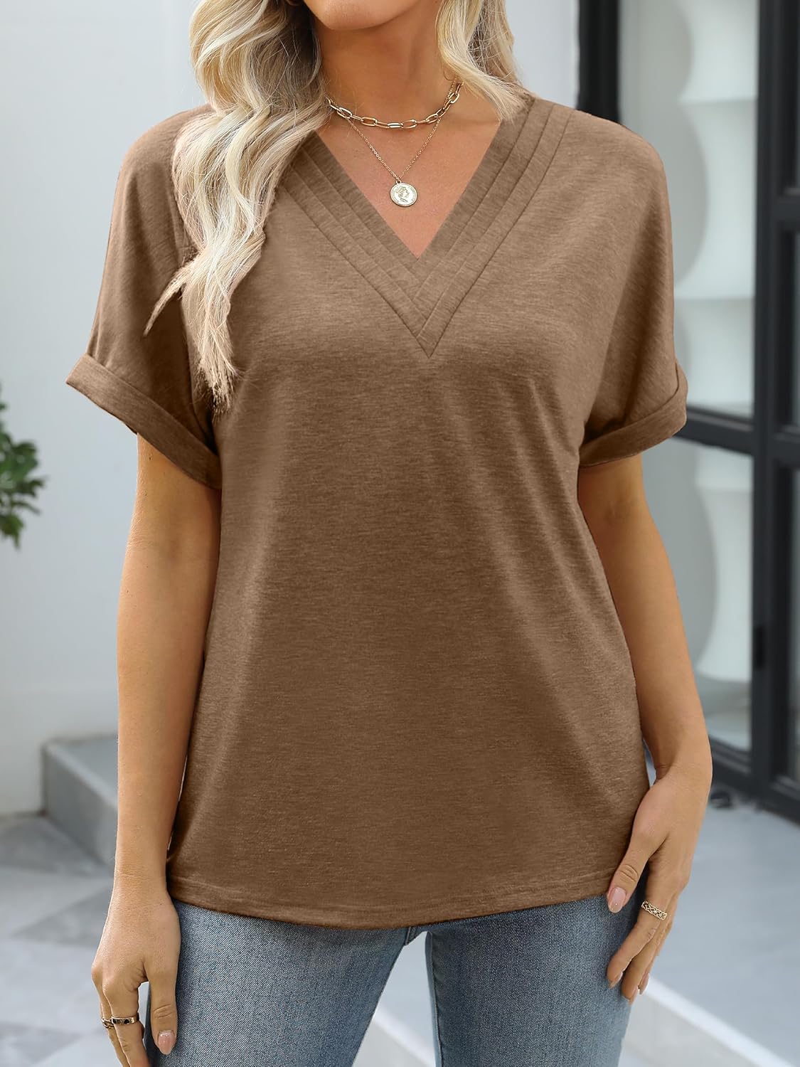 Womens Summer Tops Short Sleeve V Neck Casual Tee T-Shirt - Image 3