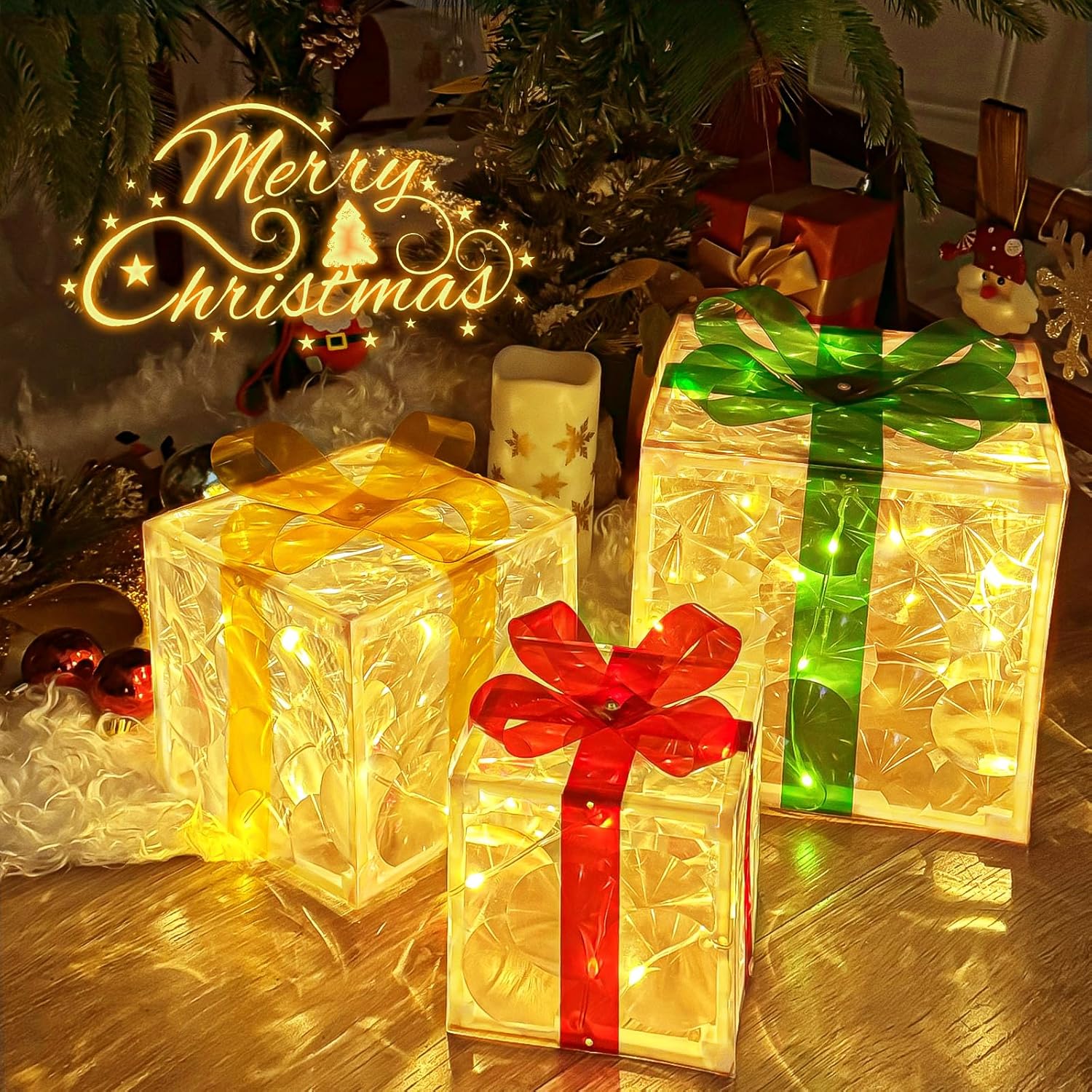 Set of 3 Christmas Lighted Boxes Decorations Indoor Outdoor