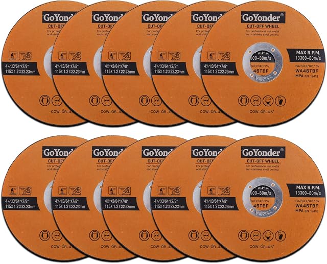 GoYonder 115 x 1.2mm Ultra Thin Stainless Steel Cutting Discs for Angle Grinder,4.5" Cutting Blades for Metal,Stainless Steel Pipes,Steel Cables, and Non-ferrous Metals Pack of 10