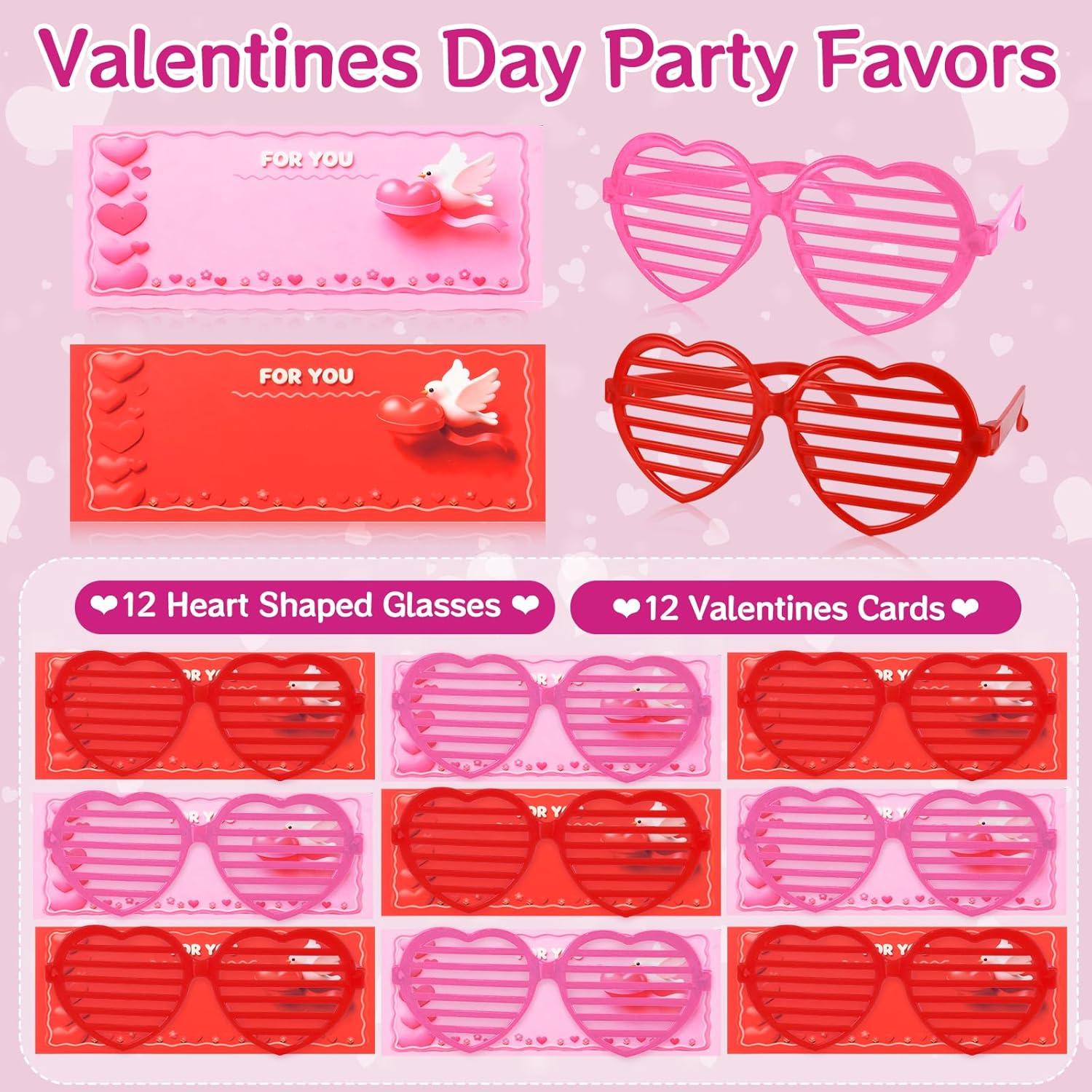 12 Pcs Heart Shaped Shutter Shade Glasses with Gift Cards, Valentines Party Favors, Valentine's Classroom Exchange Prizes Gifts for Kids Boys Girls (Red+Pink)
