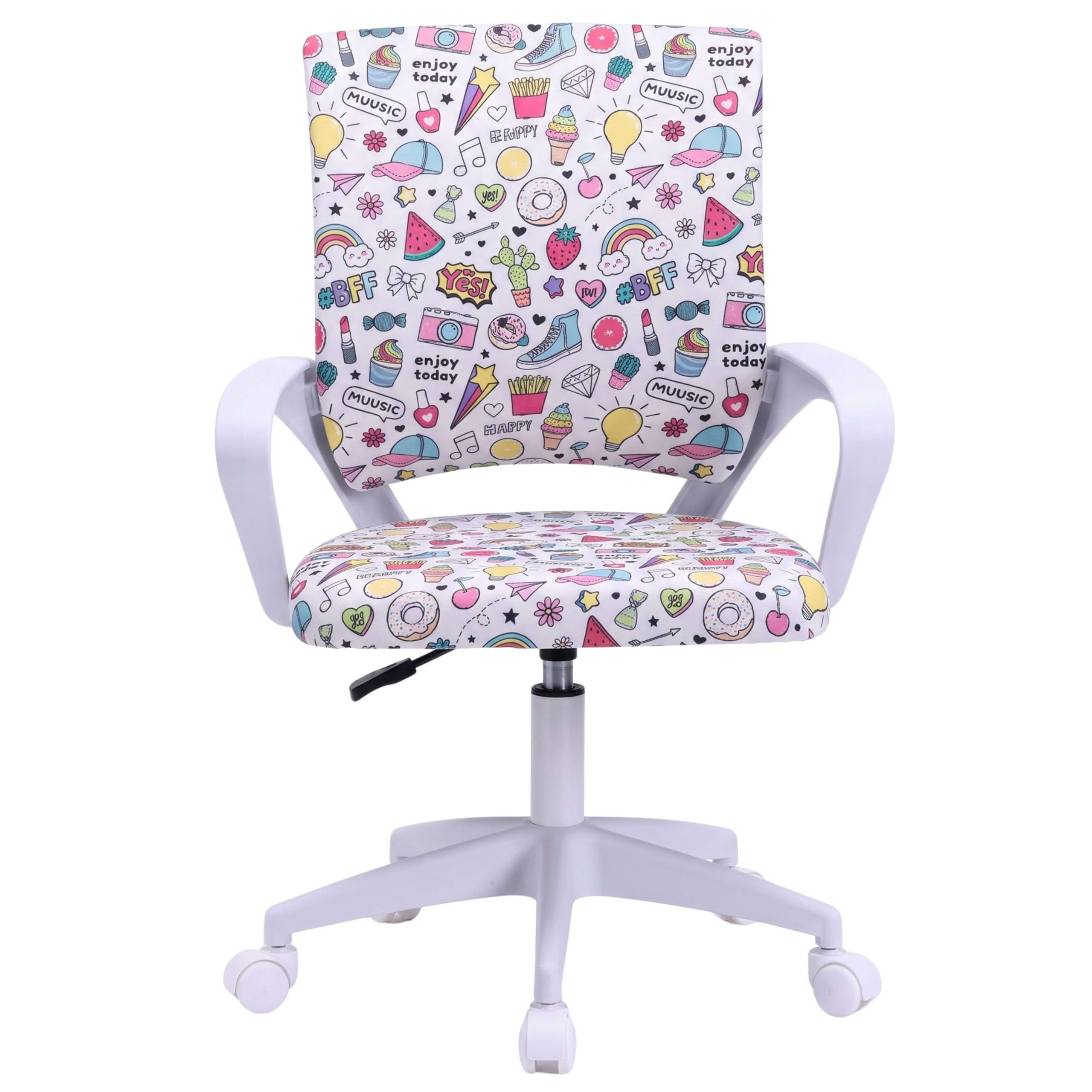 Miroytengo Silla de Escritorio Juvenil Vita Emojis, Altura Regulable, Tela Estampado, Reposabrazos Blanco