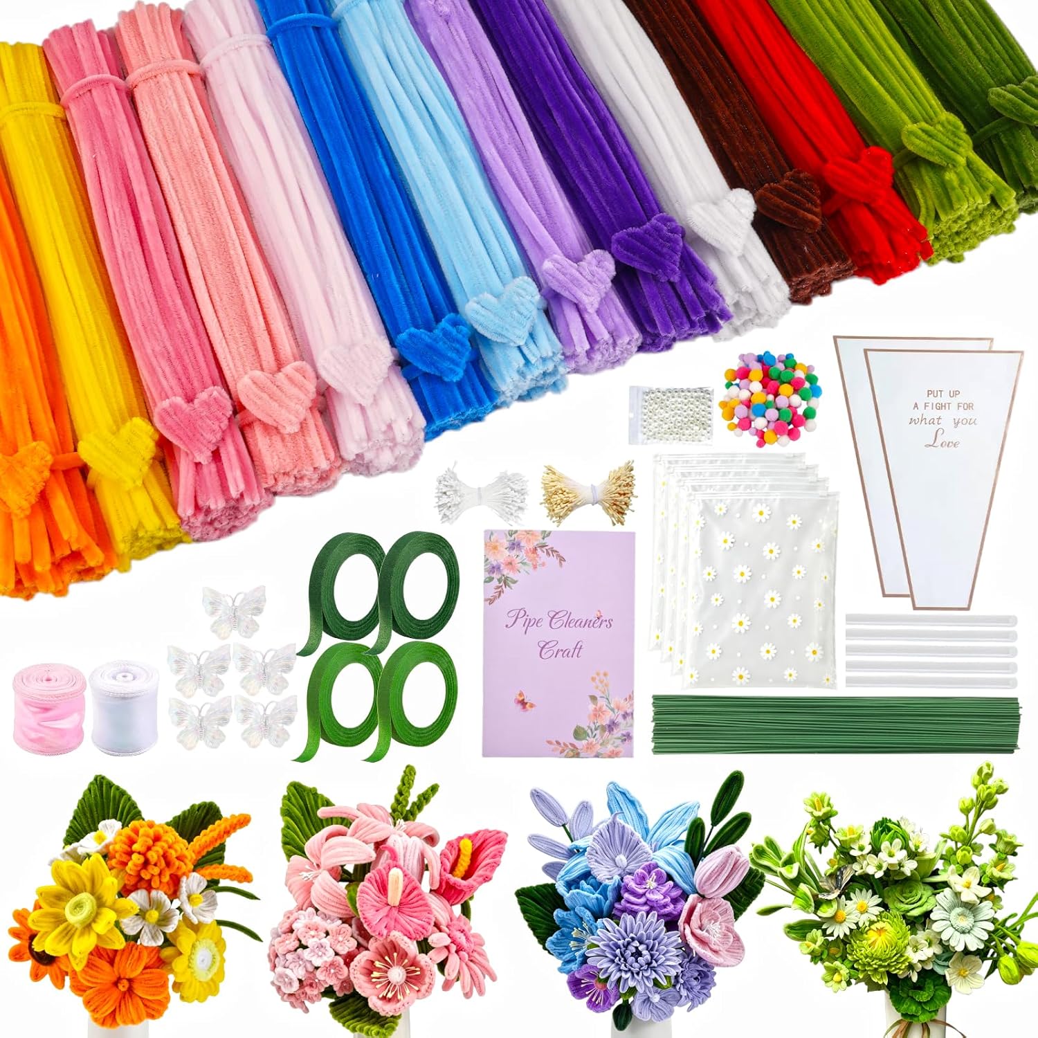 400 Pcs Pipe Cleaners Craft Set, 4 Assorted Pink Pipe Cleaners Flower Kit, 7MM Fluffy Chenille Stems for DIY Flower Making Kit with Floral Stems, Gardening Tape, Stamen for DIY Gift Decorations(Pink)