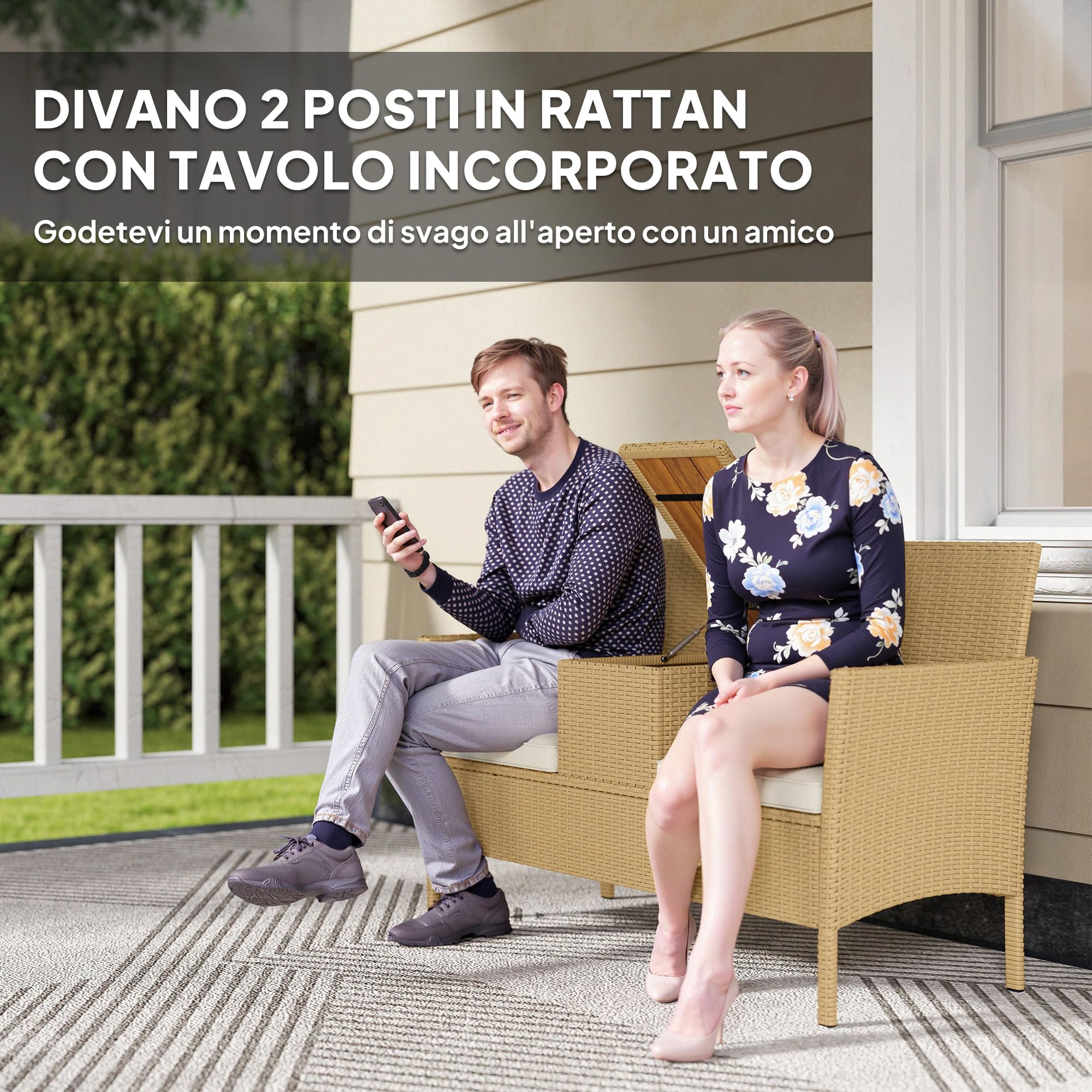 Outsunny Panchina da Giardino a 2 Posti in Rattan e Acciaio 134x58x82 cm | Panchina da Esterno con Cuscini, Tavolino a Ribalta con Spazio Portaoggetti Nascosto, Divano da Esterno, Crema e Cachi