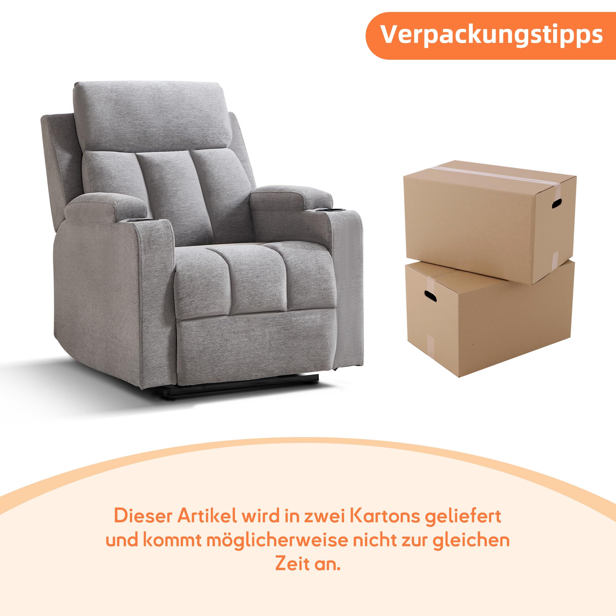 Simore Relaxsessel mit Liegefunktion, Fernsehsessel manueller mit Getränkehalter, bis 150 kg, Hellgrau