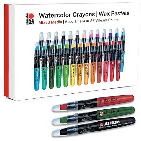 Marabu Watercolor Crayons Set - 26 Buttery Smooth Art Crayons - Ignite Your Imagination with Vivid, Water Soluble Crayons for Mixed Media Journals & Watercolor Paper
