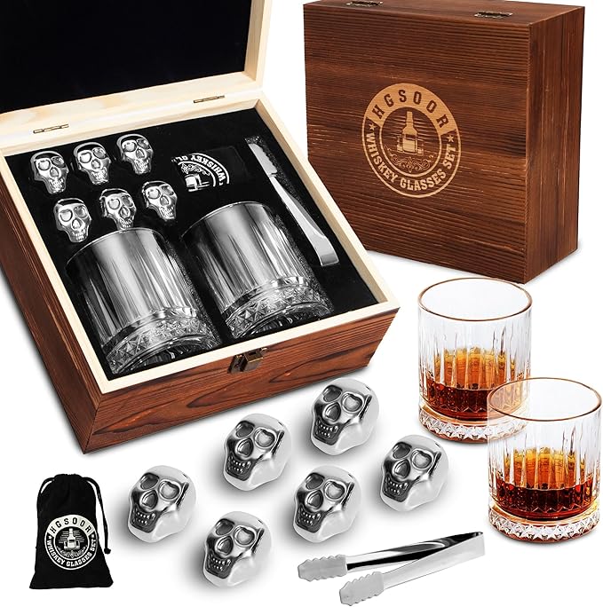 Whiskey Gift Set – 2 Bourbon Glasses with 6 Skull Whisky Stones, Cool Bourbon Scotch Set Gifts, Skull Gifts for Men Dad Husband, Drinking Gift for Holiday Father's Day Birthday