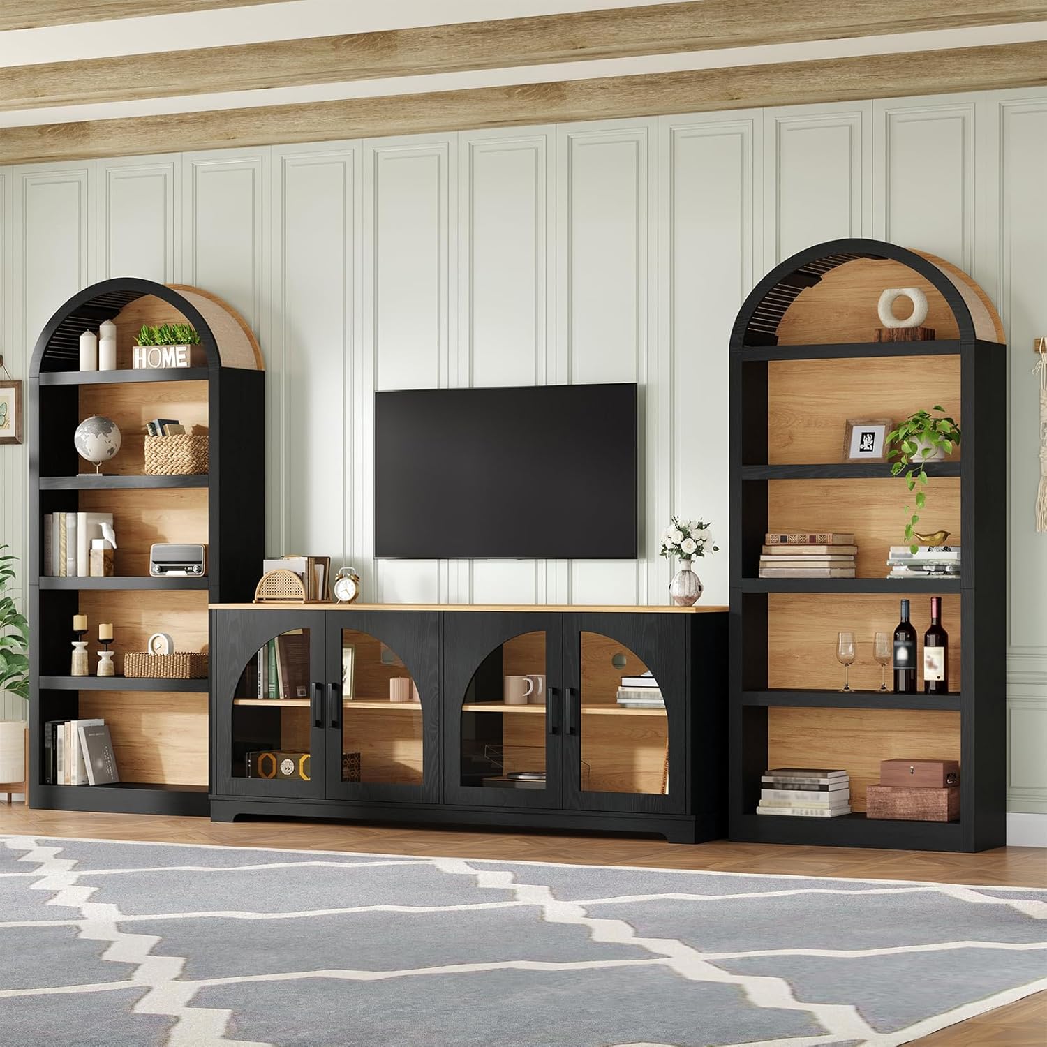 Tv Stand and Bookshelf Combo 3-Piece: Wooden Tv Stand and Bookshelf Set with Tempered Glass Doors, Modular 3-Piece Entertainment Center for Living Room Storage & Display (Black)