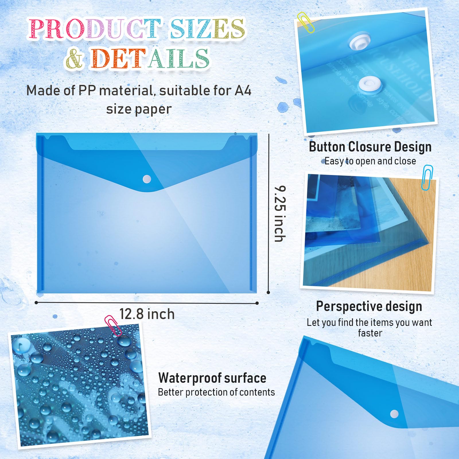 100 buste trasparenti con chiusura a bottone a pressione, formato A4, in plastica, con chiusura a bottone, per scuola, casa, ufficio (blu, stile semplice)