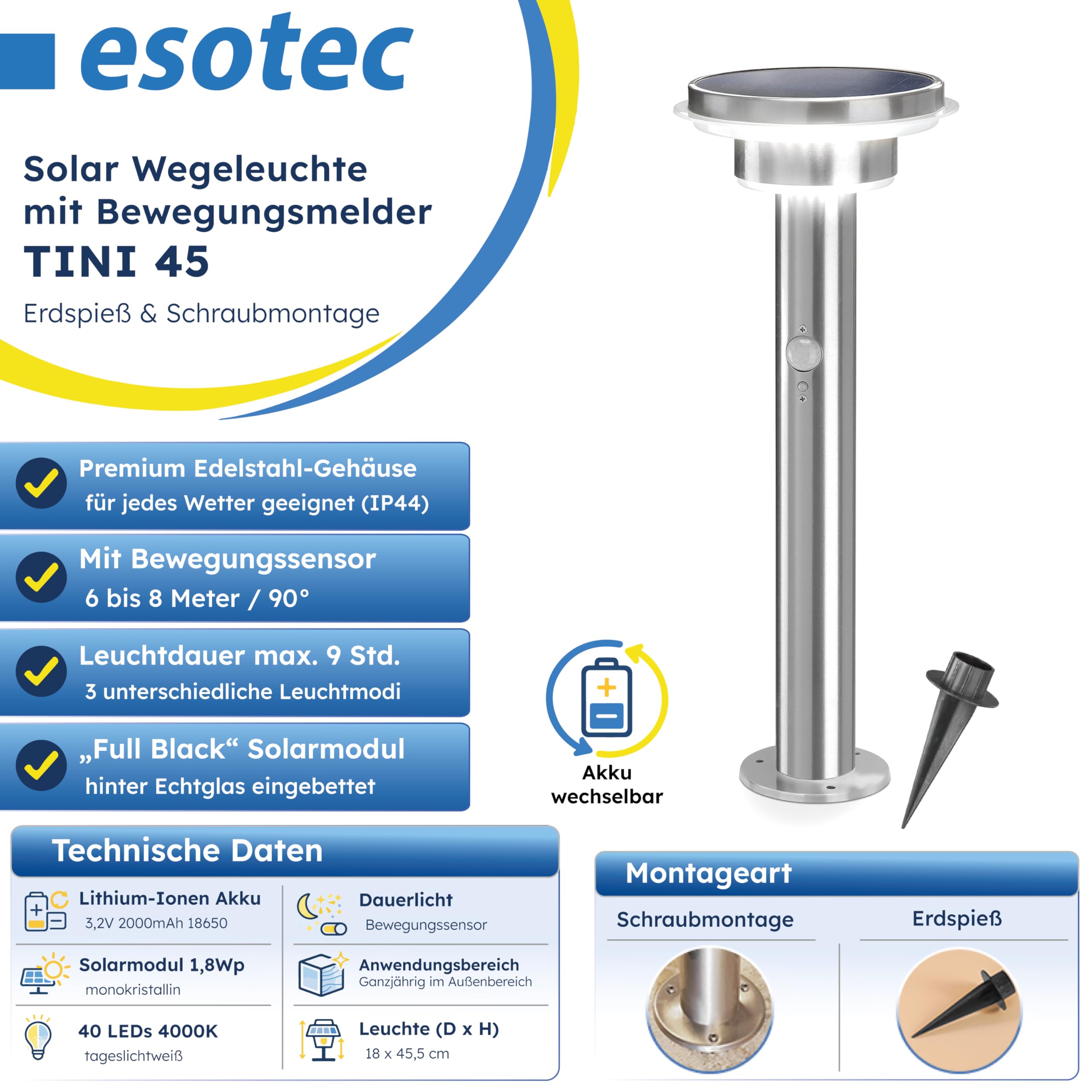 esotec Solarlampen für außen Solarleuchte Tini mit Bewegungsmelder, Gartenbeleuchtung Edelstahl H=45,5cm, 3 Betriebsmodi, 600lm, 102596