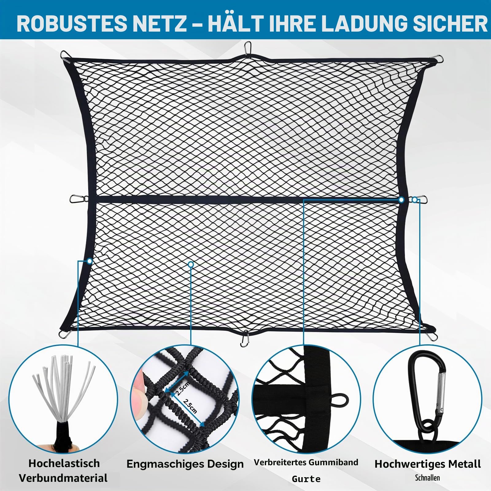 Hochelastisches Gepäcknetz, 1,5 x 1,8 m dehnbar bis 2,5 m x 2,9 m (Einlagig), LKW-Frachtnetz, Netz-Organizer, mit 8 x Stahlkarabiner + 4 x Haltegurt, Gepäckfixierung für LKW Auto Wohnmobil