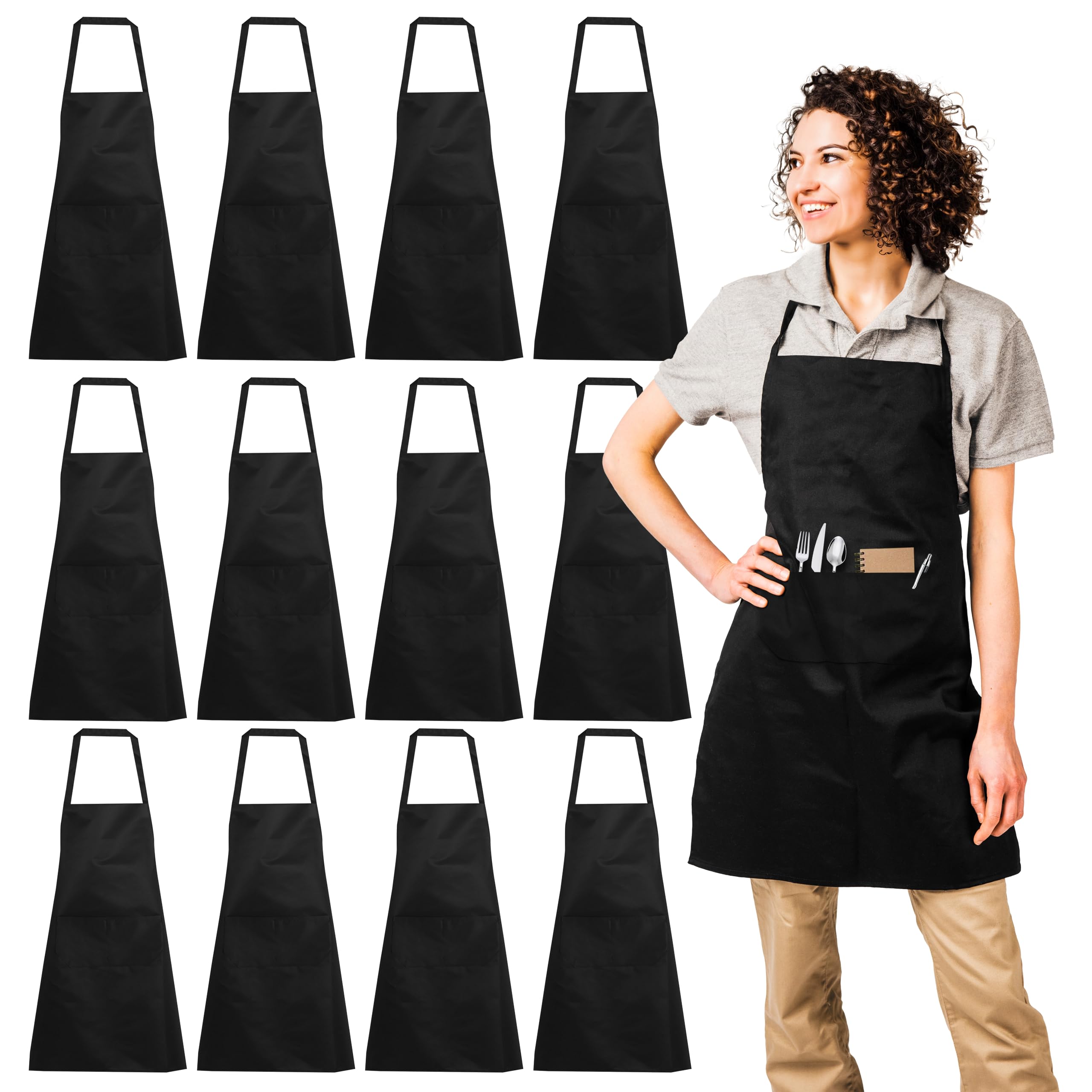 Lot de 12 tabliers de cuisine longs imperméables et réglables avec 2 poches pour chef, pour cuisine, restaurant, maison, barbecue - Noir