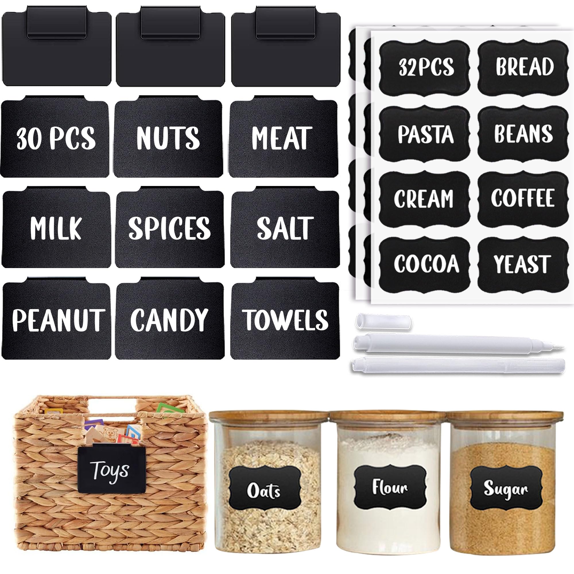 Knowstyle 94 pcs Basket Labels Clip On – 30 Labels for Storage Bins, 32 Chalkboard Stickers, 30 Pre Printed Stickers with 2 Chalk Markers