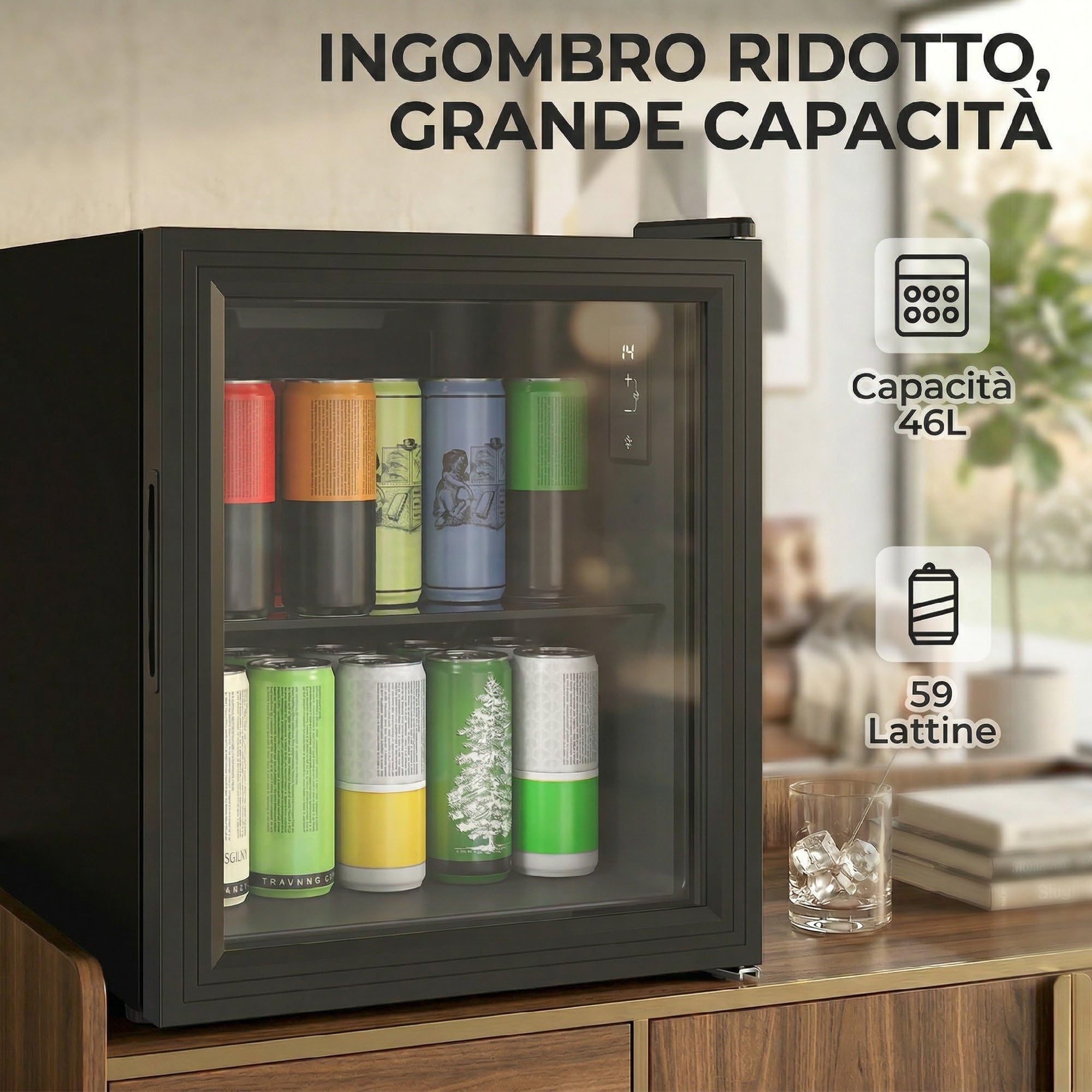 HOMCOM Mini Frigo per Bevande 46L 59 Lattine, Frigorifero Piccolo da Tavolo e Camera Silenzioso, 0-20℃, Porta in Vetro, Ripiano, Display Touch, Classe D, Luci LED, per Birra, Cucina, Ufficio, Nero