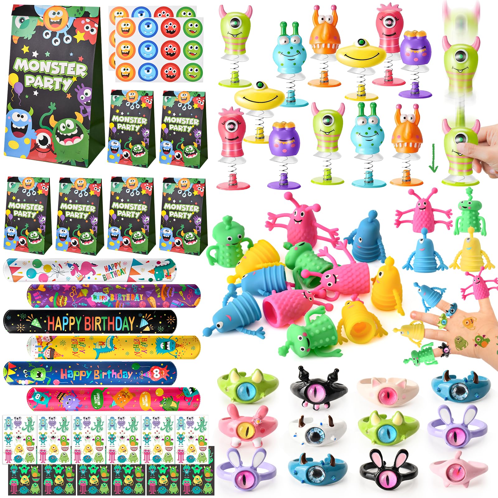 SNLN Monster Party Favors Birthday Supplies Gift Bags Finger Puppets Spring Launchers Toys Monster Big Eye Ring Slap Bracelets Tattoo Stickers Inc,