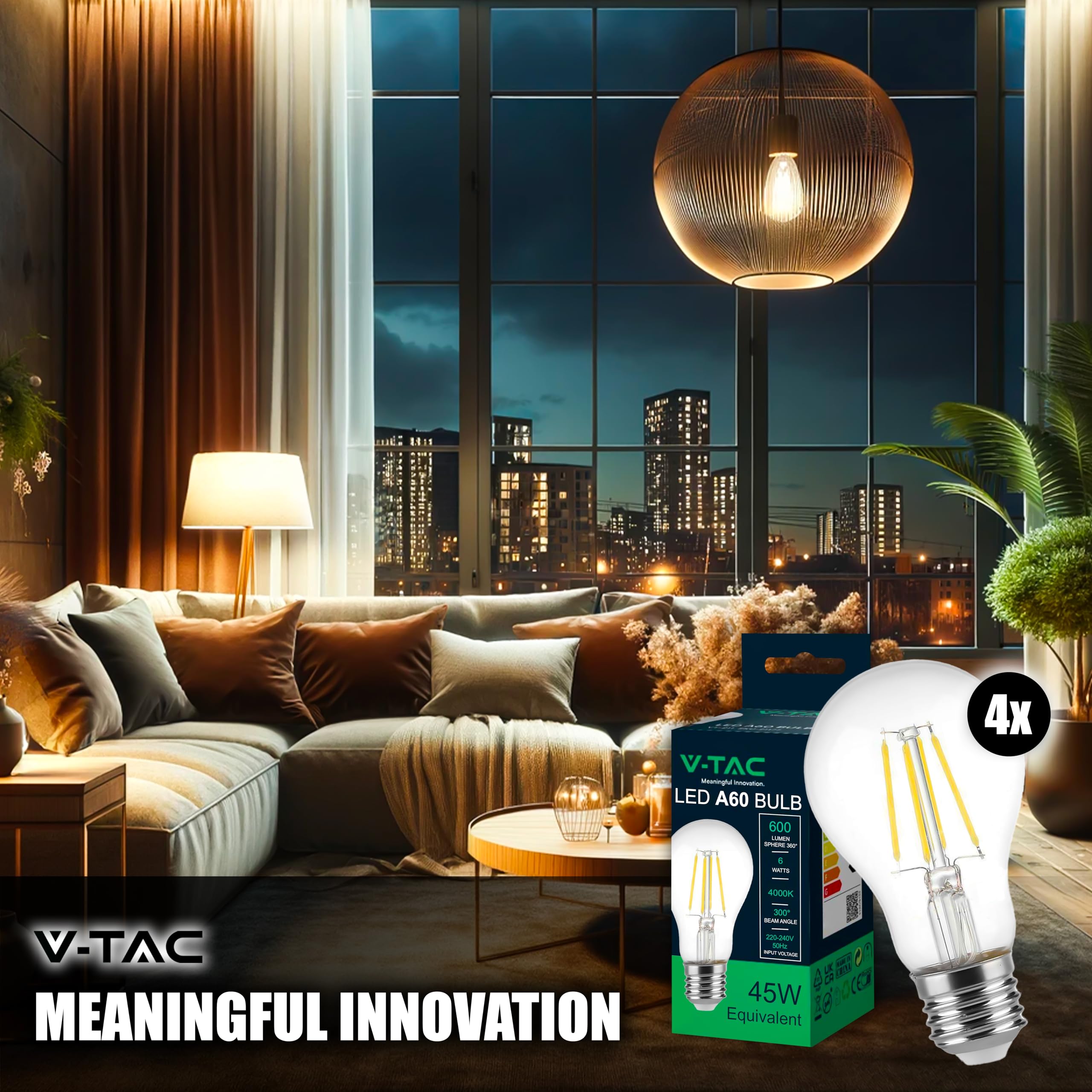 V-TAC 4x Lampadina LED a Filamento con Attacco E27 6W (Equivalenti a 45W) A60-600 Lumen - Lampadine LED Massima Efficienza e Risparmio Energetico - 4000K Luce Bianca Naturale (Confezione da 5)