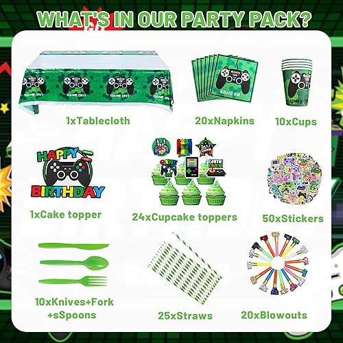 Miniatura 3 de 254 piezas de suministros de fiesta de cumpleaños de videojuegos verdes, decoraciones temáticas de videojuegos para servir a 10 invitados, incluye