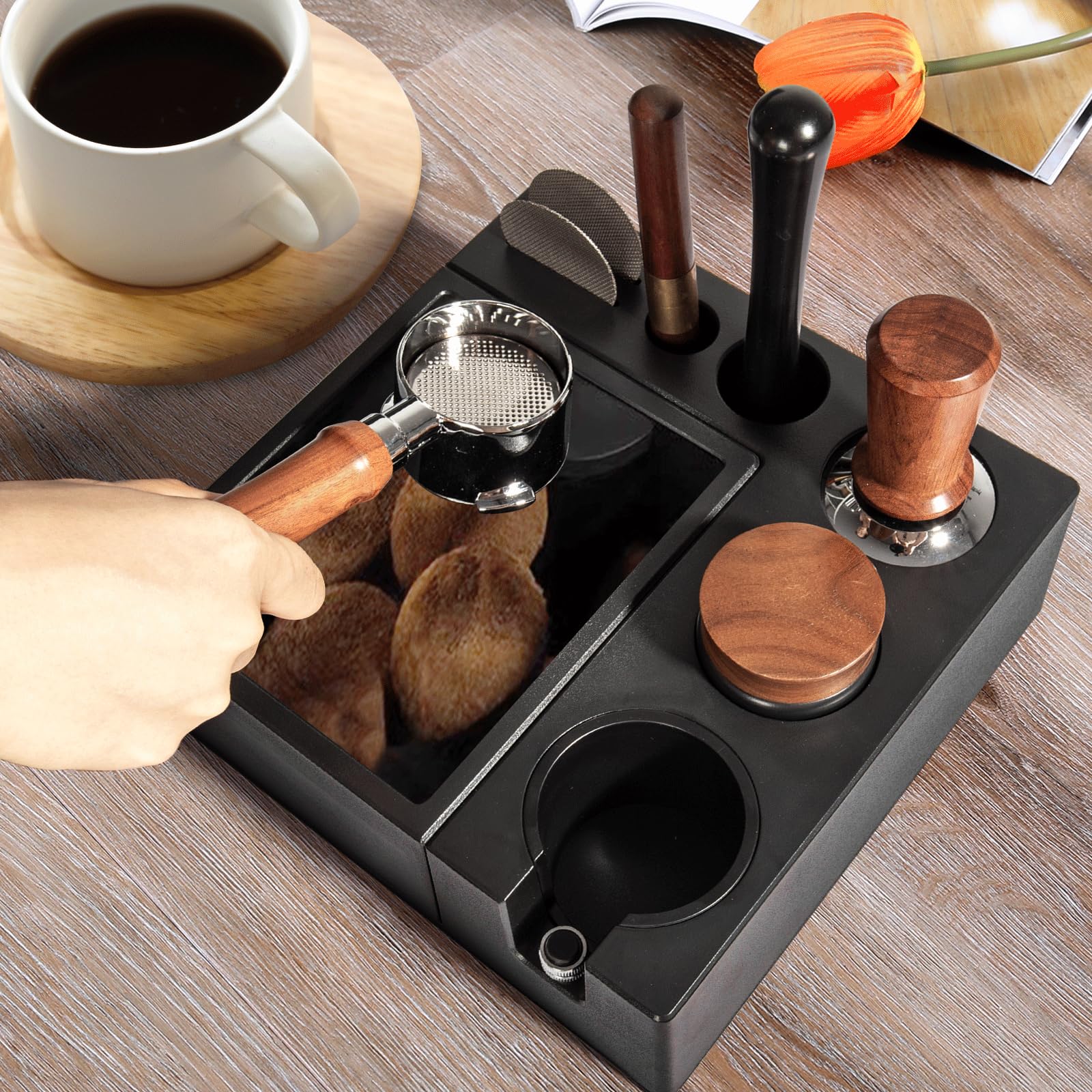 Stazione Tamper, Tamper Station in ABS per Portafiltro da 51–58 mm, per Macchina da Caffè Espresso Barista,Stazione Tamper a Cassetto, Coffee Tamping Station,Barista Station
