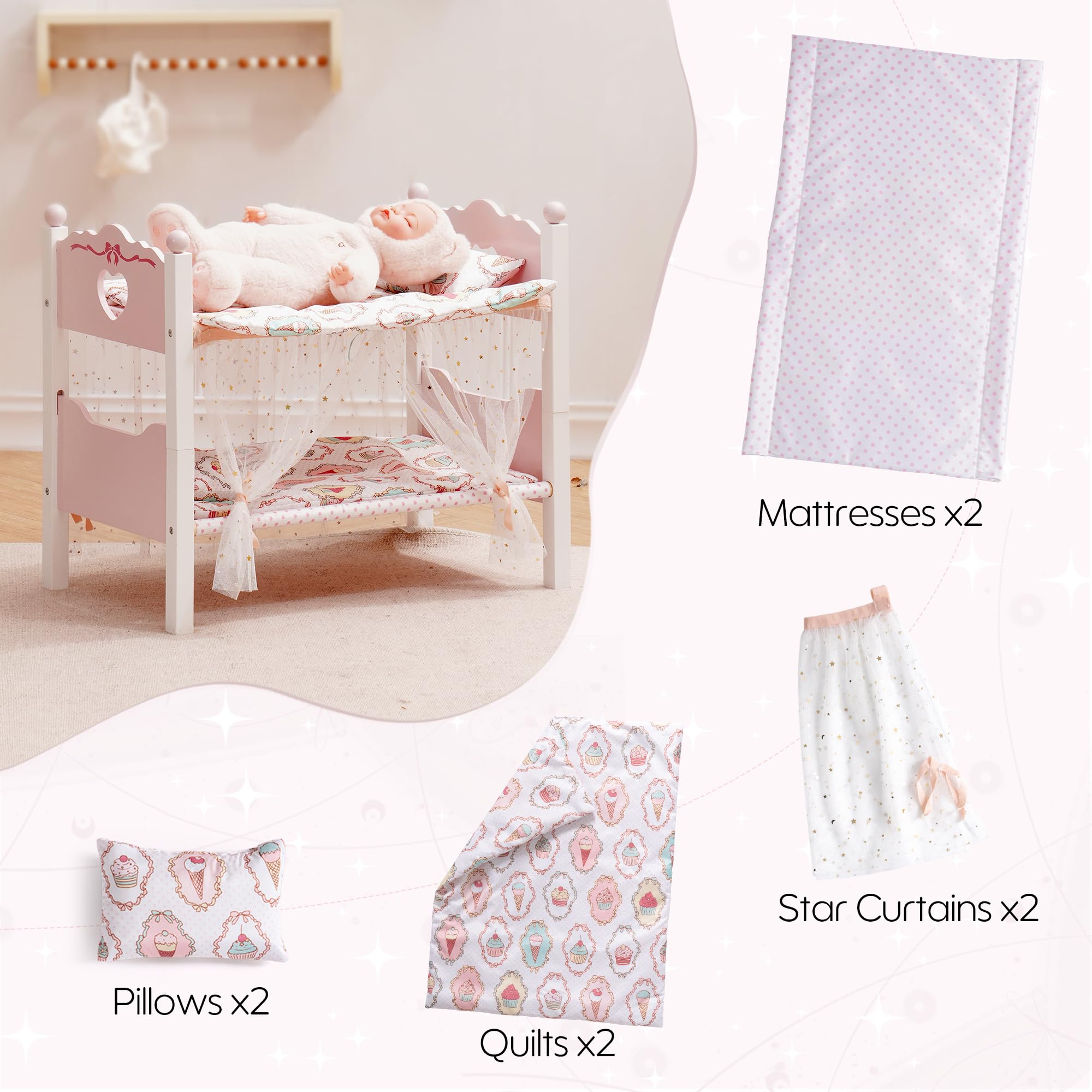 Literas de muñeca de bebé, cuna de madera para muñecas con cortina estrellada, cuna de juguete apilable para muñecas de 18 pulgadas, juego de cama para muñecas con accesorios de cama, para 3
