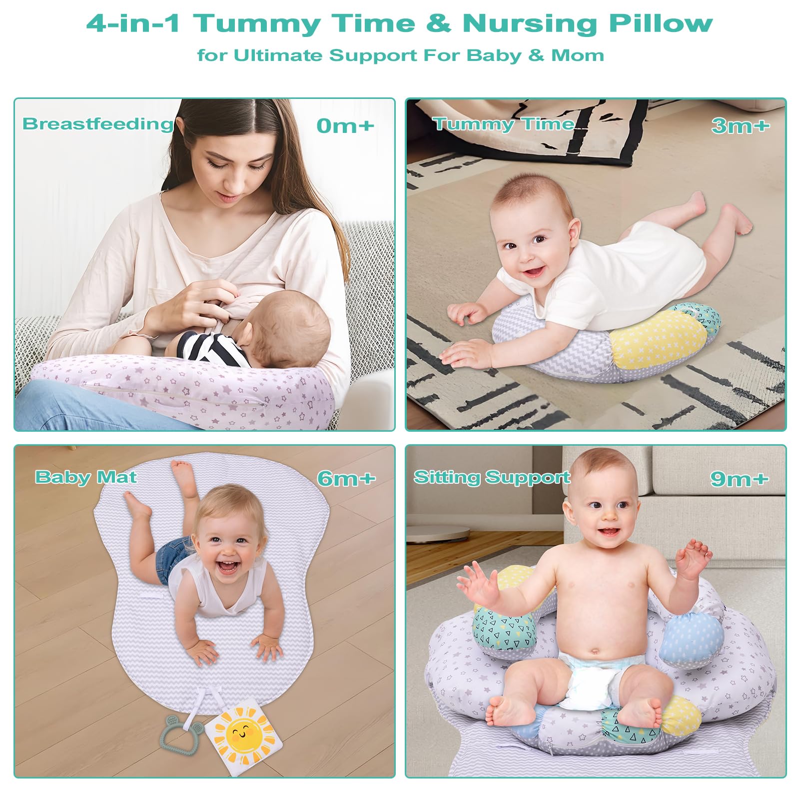 MIIMER 4-in-1 Tummy Time & Nursing Pillow with High, Firm, Large Area, Detachable Seated Support Cushion - Image 2