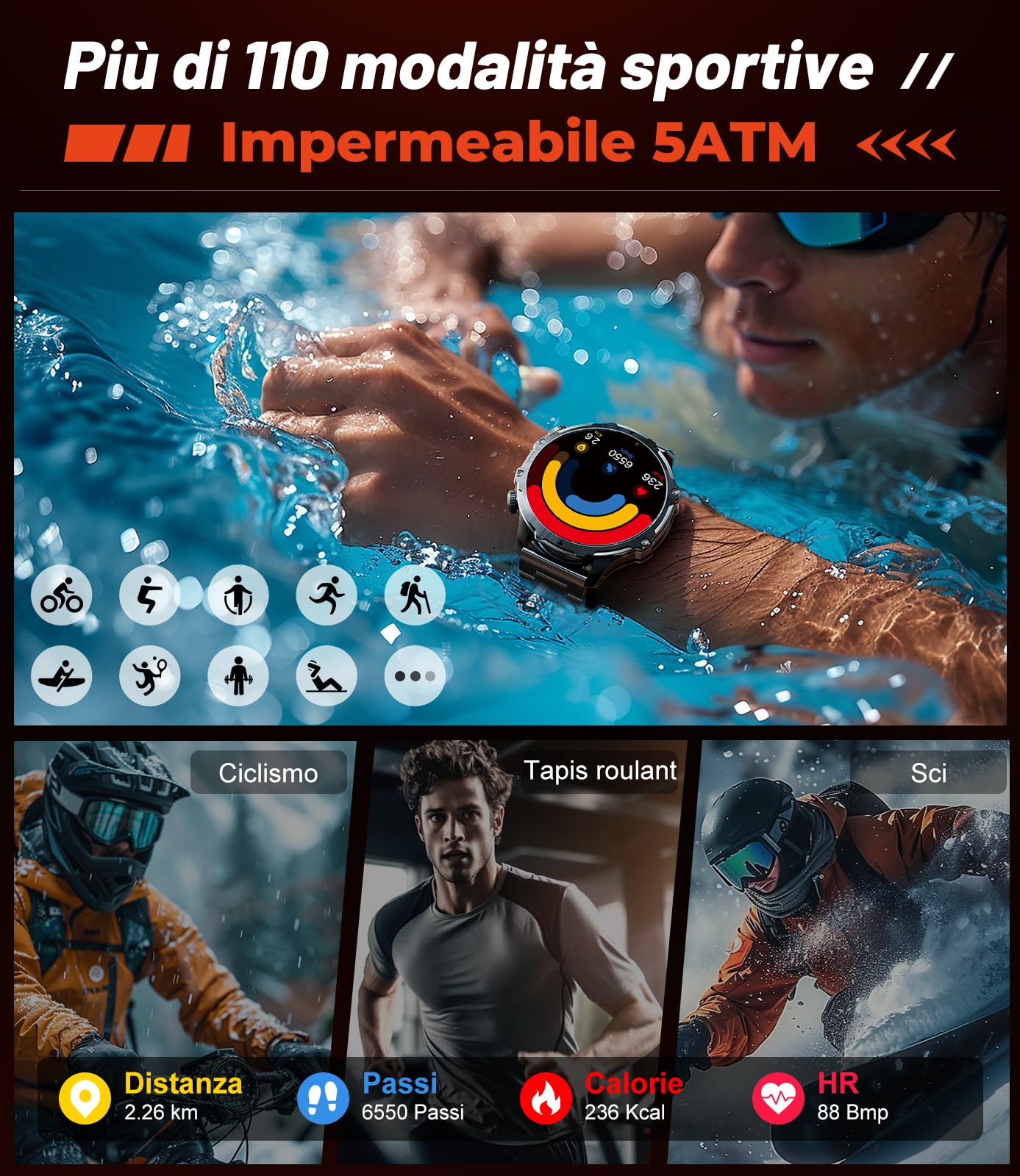 HIRREO Smartwatch Uomo con Militare, da 1,85 HD Grande Schermo/ 800 mAh Batteria/LED Lampada, 5 ATM Impermeabile Smartwatch Uomo con 100+ Modalità Sportive, 24/7 Monitor di Frequenza Cardiaca e Sonno