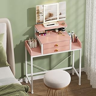 Vanity Desk with Mirror and Lights, 28.4''W Small Makeup Vanity Table with Height-Adjustable Stand, 2 Fabric Drawers Compact Makeup Desk, Gift for Girls, Bedroom Small Space, Pink
