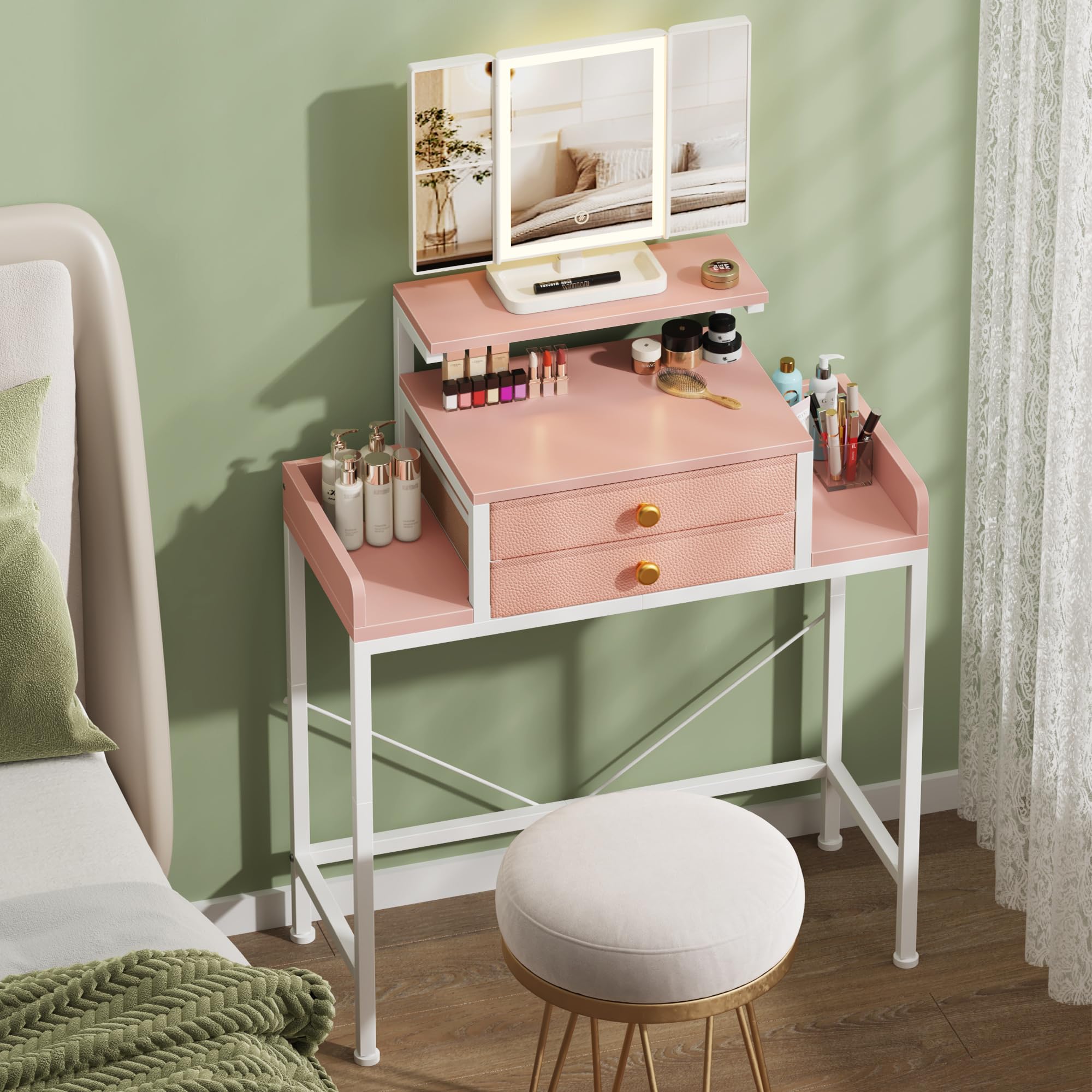 HIGDBFE Vanity Desk with Mirror and Lights, 28.4''W Small Makeup Vanity Table with Height-Adjustable Stand, 2 Fabric Drawers Compact Makeup Desk, Gift