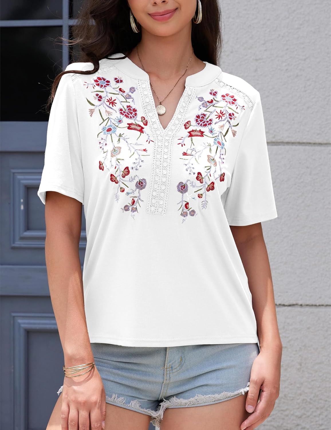 Mexican Shirts for Women Embroidered Tops Traditional Summer Blouse Floral Tunic V Neck Short Sleeve T Shirt White - Image 5