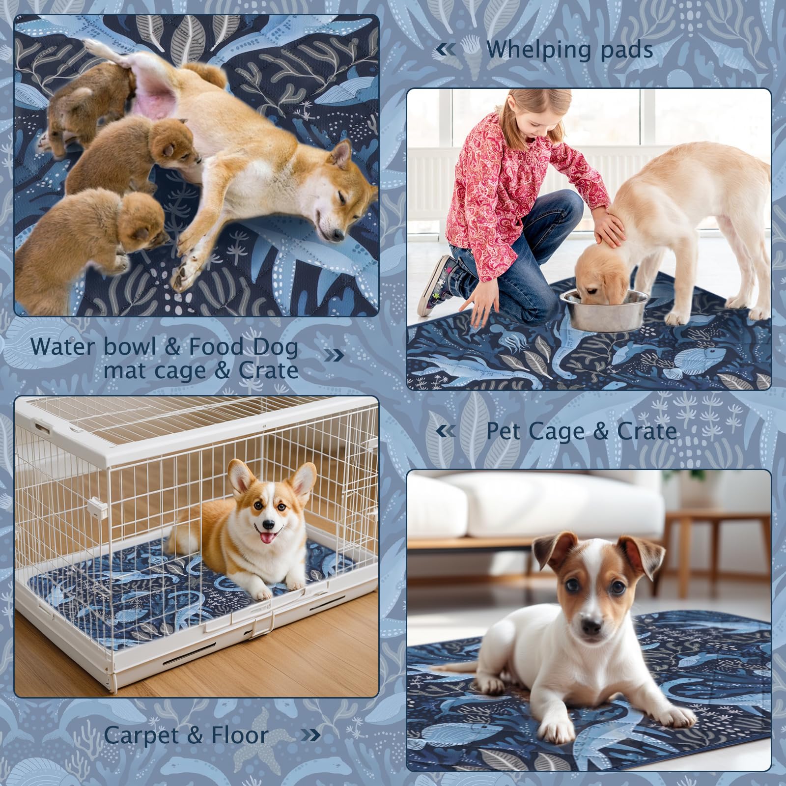 BVAGSS 2 Pezzi Tappetini Assorbenti per Cani, Tappeti Lavabili Riutilizzabili, Antiscivolo, Alta Assorbenza Addestramento traversine per cani XH081 (60x60cm,Dino Navy)