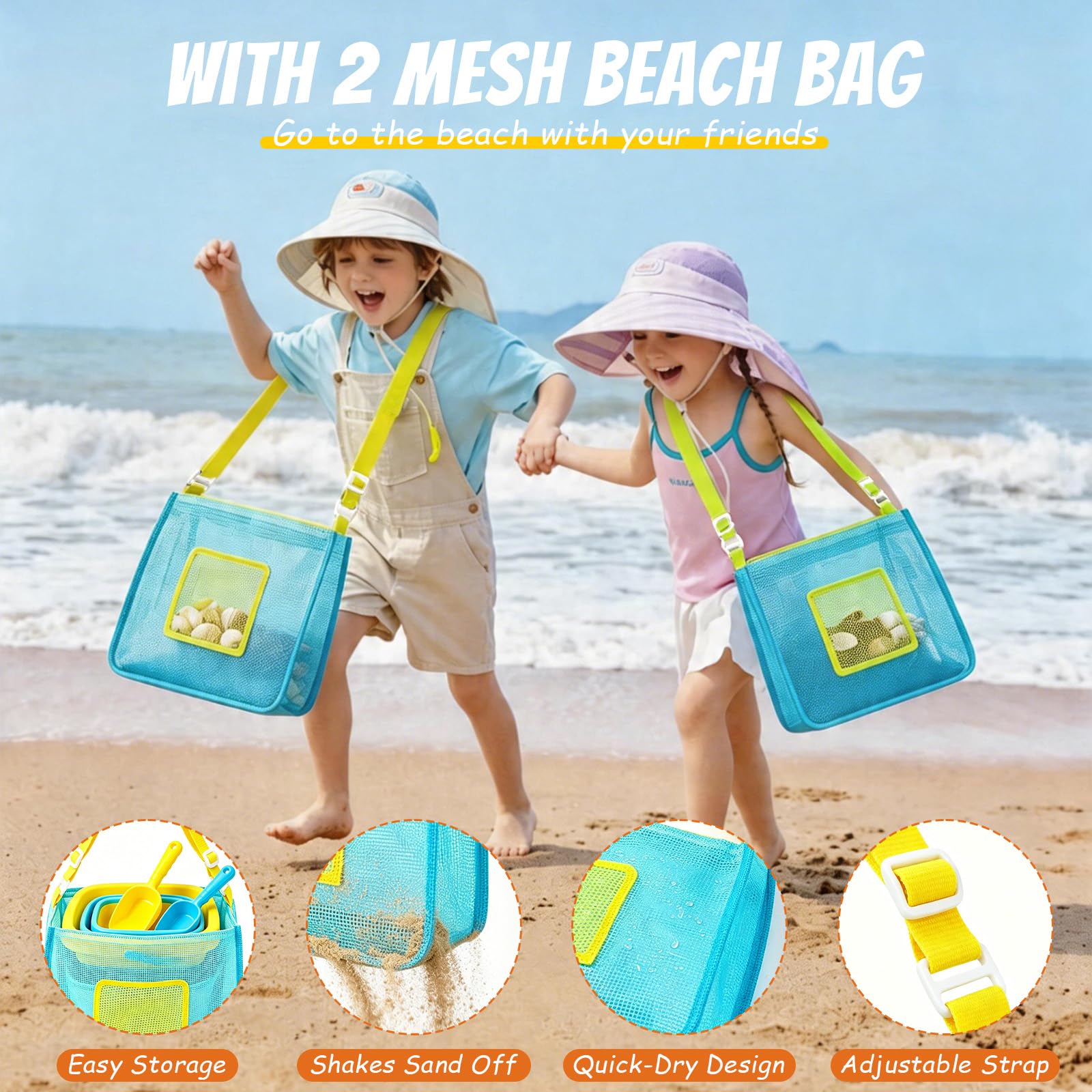 Sandspielzeug Set, Strandspielzeug für Kinder ab 1 2 3 4 5 Jahre, 25 PCS Sandkasten Spielzeug mit 2 Sandschaufel, Faltbarer Eimer, Sandsieb, Netzbeutel, Edelsteinen, Für Jungen Mädchen