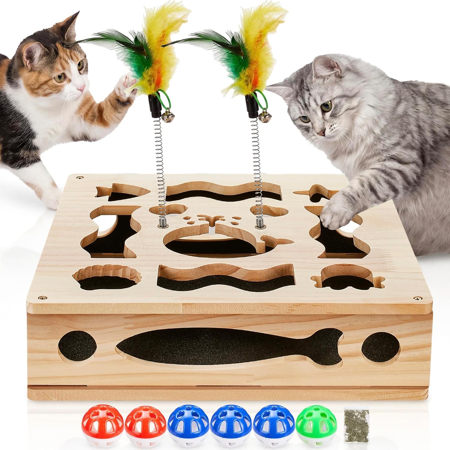 Cat Nail File Scratcher Box - Interactive Cat Scratch Puzzle Enrichment with Sandpaper Liner for Claw Care, Alternative Stress Free Wooden Nails Scratching to Clippers & Grinders for Indoor Cats