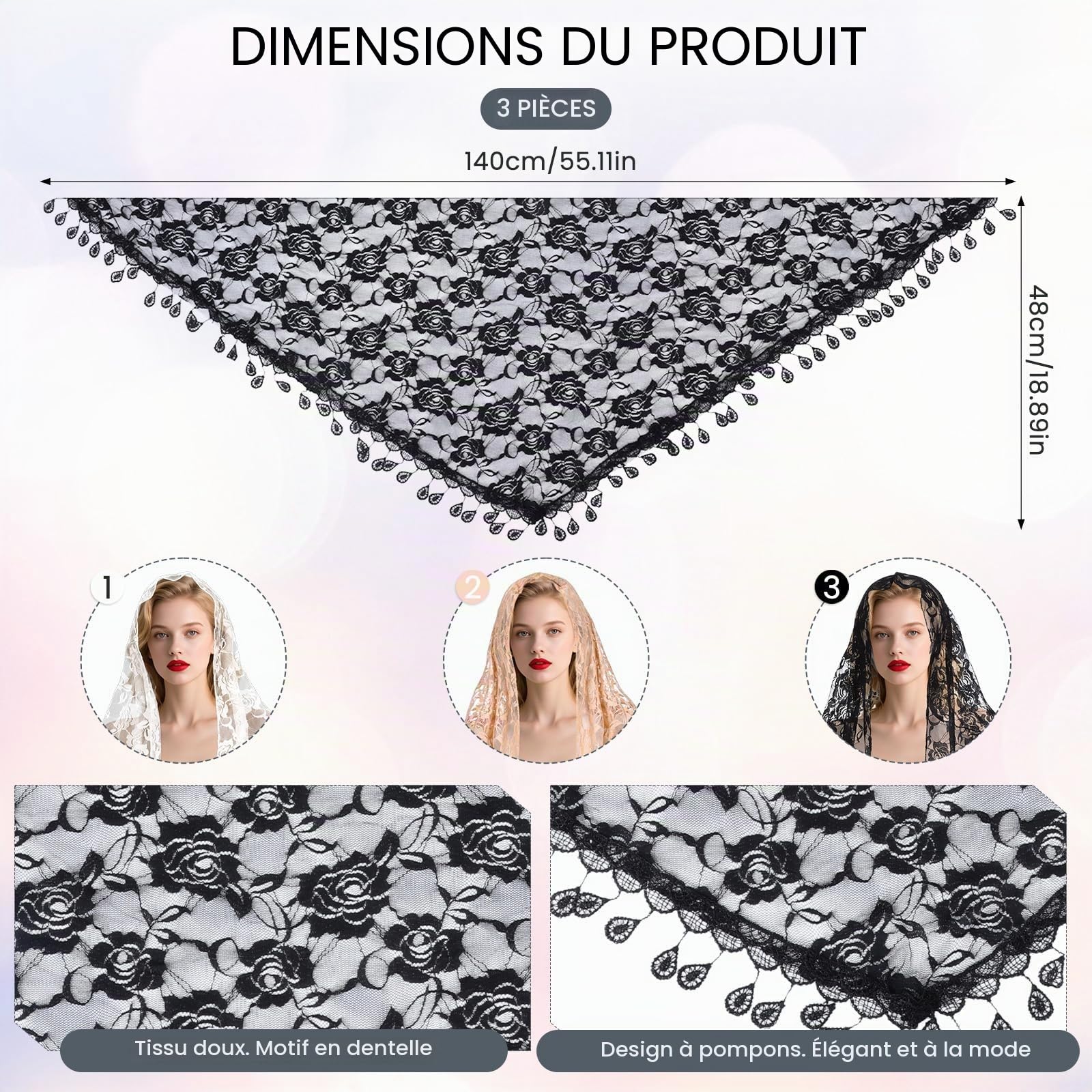 3 voiles de mantille catholique, voile triangulaire, couvre-chef de cathédrale, écharpe en tulle avec dentelle triangulaire, pour femmes et filles, bandeau floral, voiles latins
