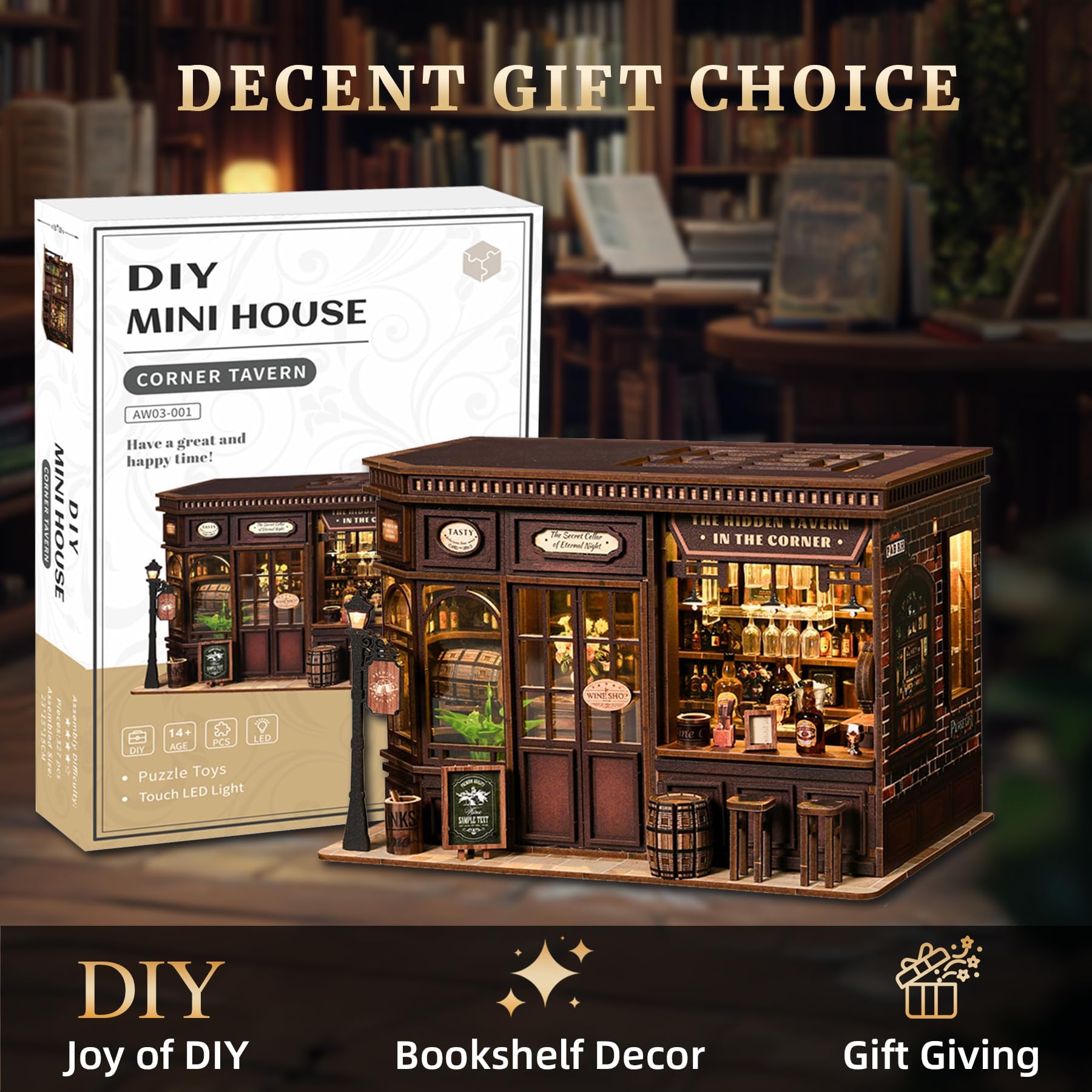 Book Nook Kit für Erwachsene - LUMYCE DIY Miniatur Haus Holzpuzzle 3D Puppenhaus - Buchstütze für Bücherregal Deko mit Led Licht Kreatives Geschenk für Leser