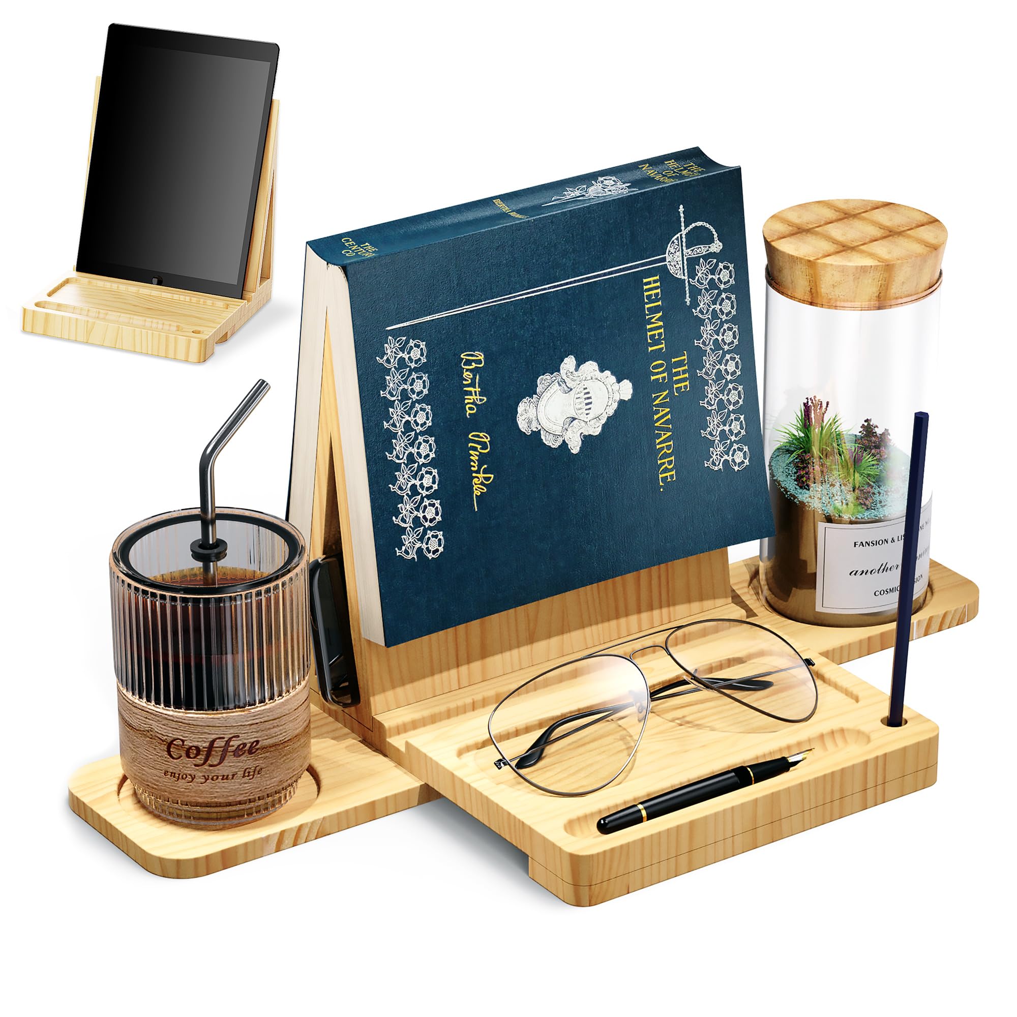 Triangle Book Stand with Cup Holder, Wooden Book Holder for Reading in Bed