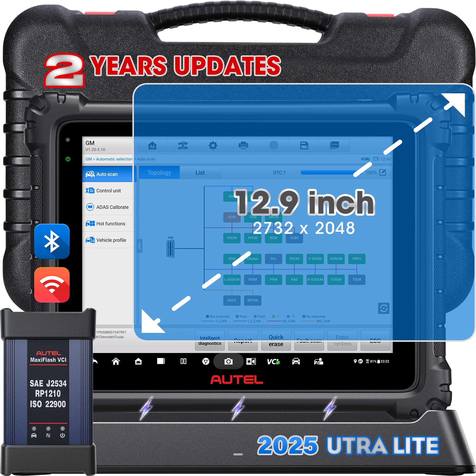 Autel MaxiCom Ultra Lite Scanner: 2025 2-Years Free Updates, Topology Mapping, Motor TruSpeed Repair, ECU Programming, 40 Service, Repair Tips, Updated of MS919/ Elite II Pro, Same as MaxiSys MSUltra