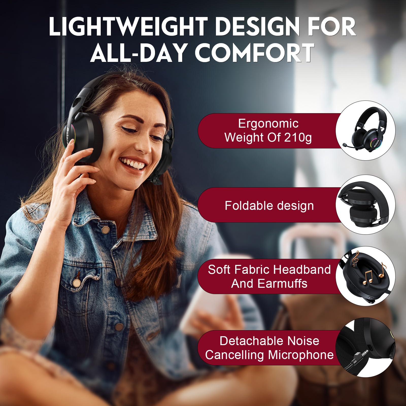 DH30 Cascos Gaming Inalambricos para para Ps4, Ps5, PC, Mac, Switch, Auriculares Bluetooth con Micrófono con cancelación de Ruido, Cascos de Juego Plegables con RGB, 210g - Negro