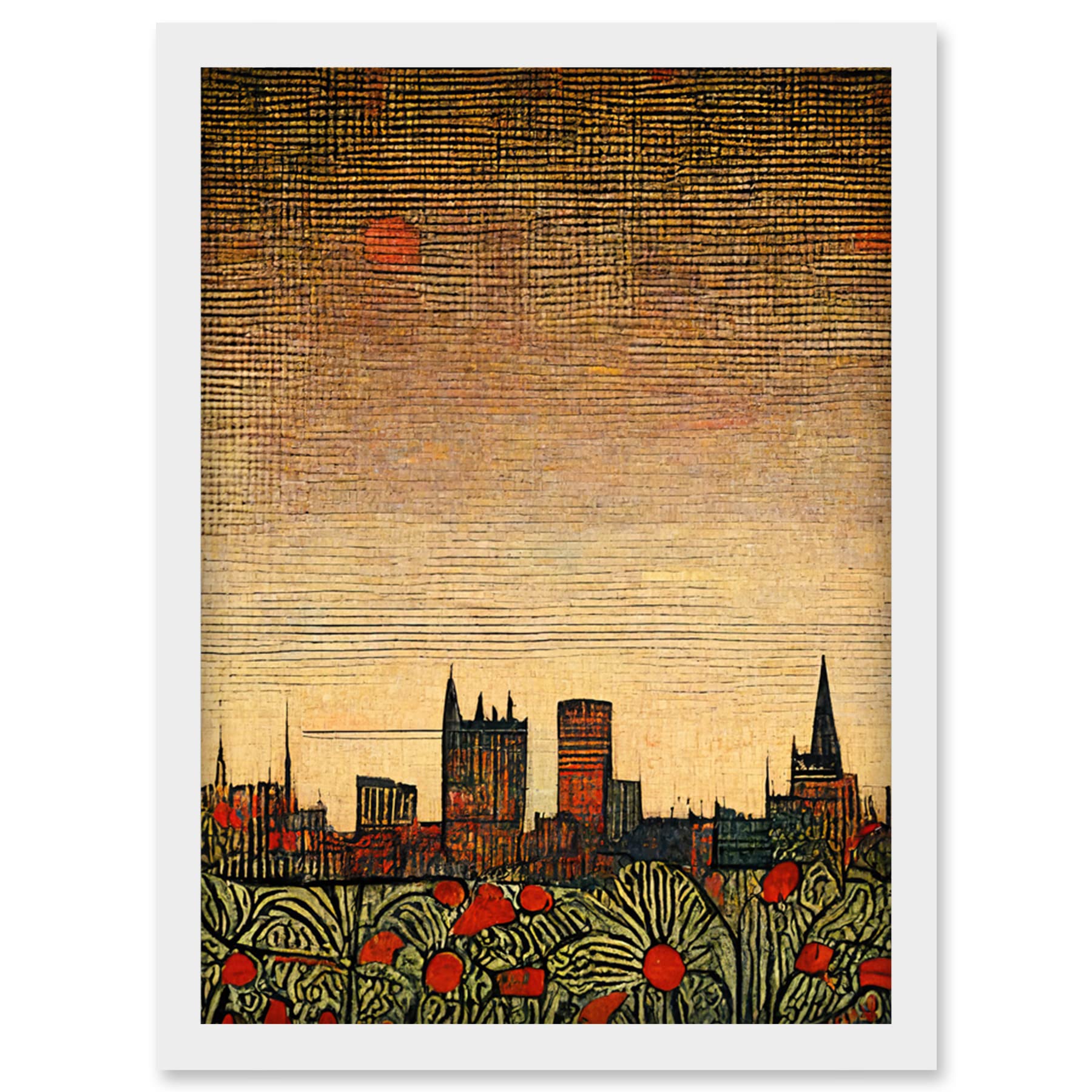 Doppelganger33 LTD Floral City Skyline Poppies William Morris Artwork Framed Wall Art Print A4