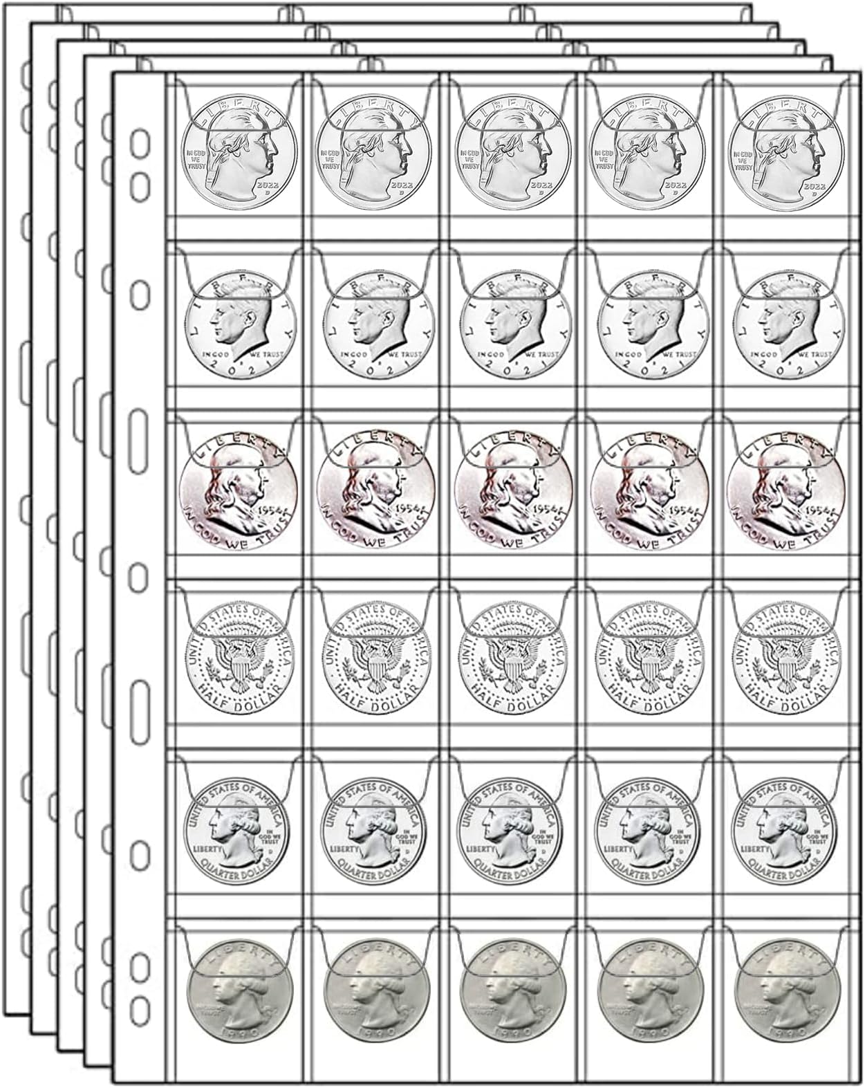 MUQING 600 Pockets Coin Sleeves, 20 Sheets Coin Pages, Coin Collecting Supplies with Standard 9 Holes, Coin Sheets Plastic for Binder(30 Pocket)