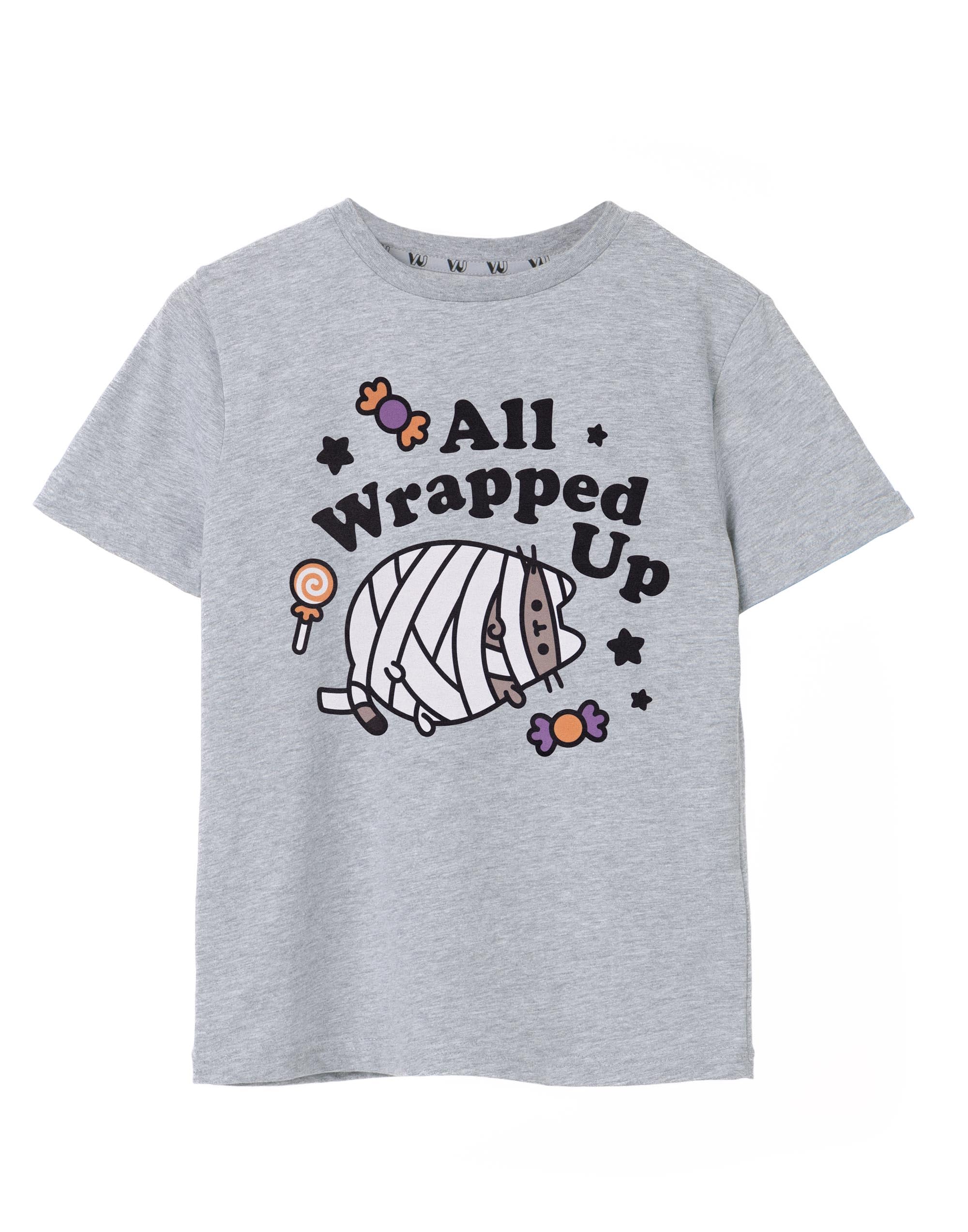Pusheen The Cat Girls Grey Pusheen Short-Sleeved T-Shirt | All Wrapped Up Halloween Graphic Tee For Kids Seasonal Short Sleeve Top | Spooky And Cute Merchandise Gift For Children