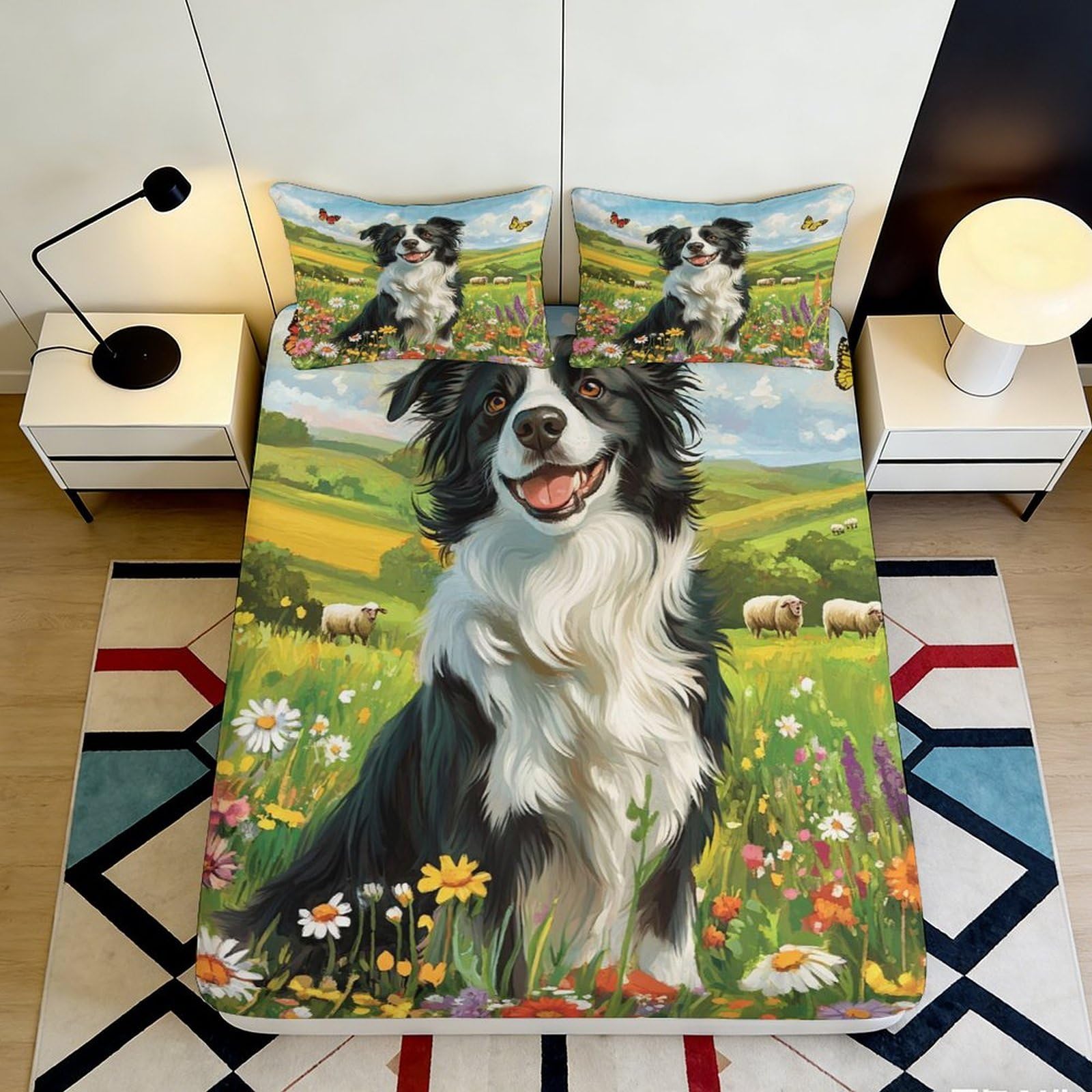 3D Printed Border Collie Meadow Fitted Sheet Microfiber Soft Animal Bed Cover for Bedroom Guest Room Decor 90x200x25cm