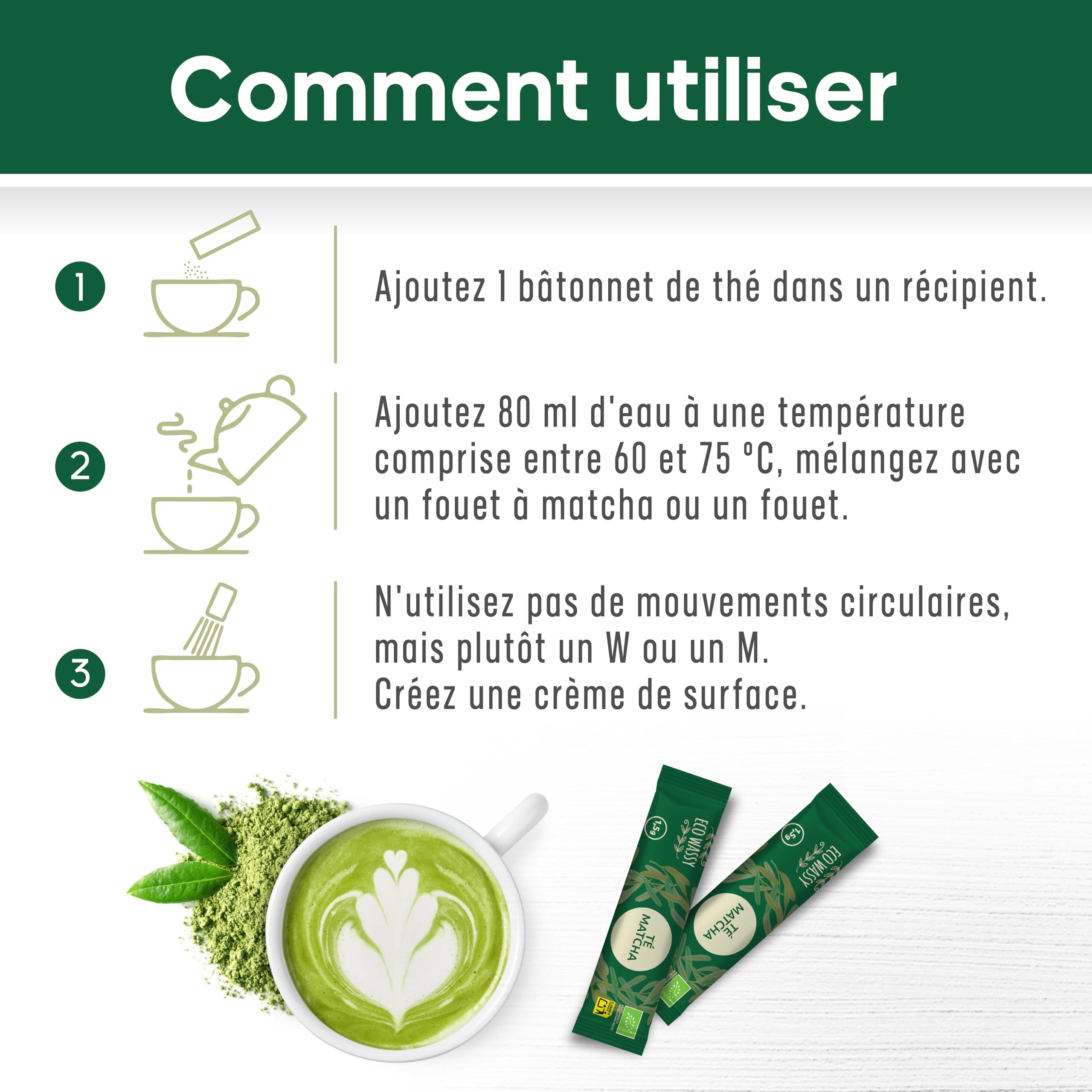 Thé Matcha JAPONAIS certifié. 50 doses de qualité CÉRÉMONIELLE. 50 bâtonnets individuels, pour un transport facile. Poudre de Matcha 100% naturelle.